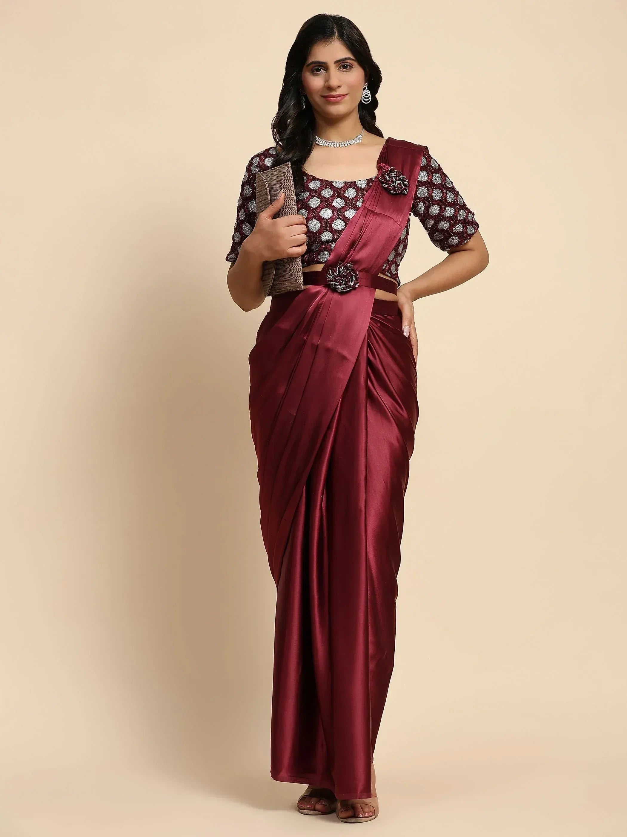 Maroon satin saree with polka dot blouse, perfect for Indian ethnic wear occasions