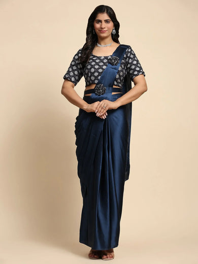 Fascinating Navy Blue Satin Designer Read To Wear Saree With Blouse