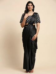 Glamorous Black Satin Event Wear Pre-Stitched Saree With Blouse
