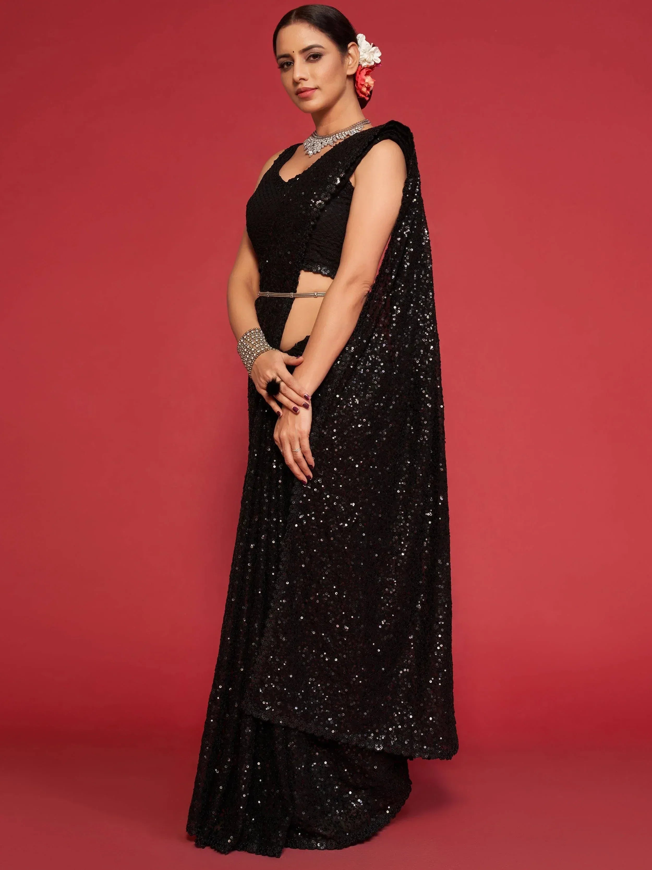 Black sequin lehenga choli with cape, Indian ethnic wear for women