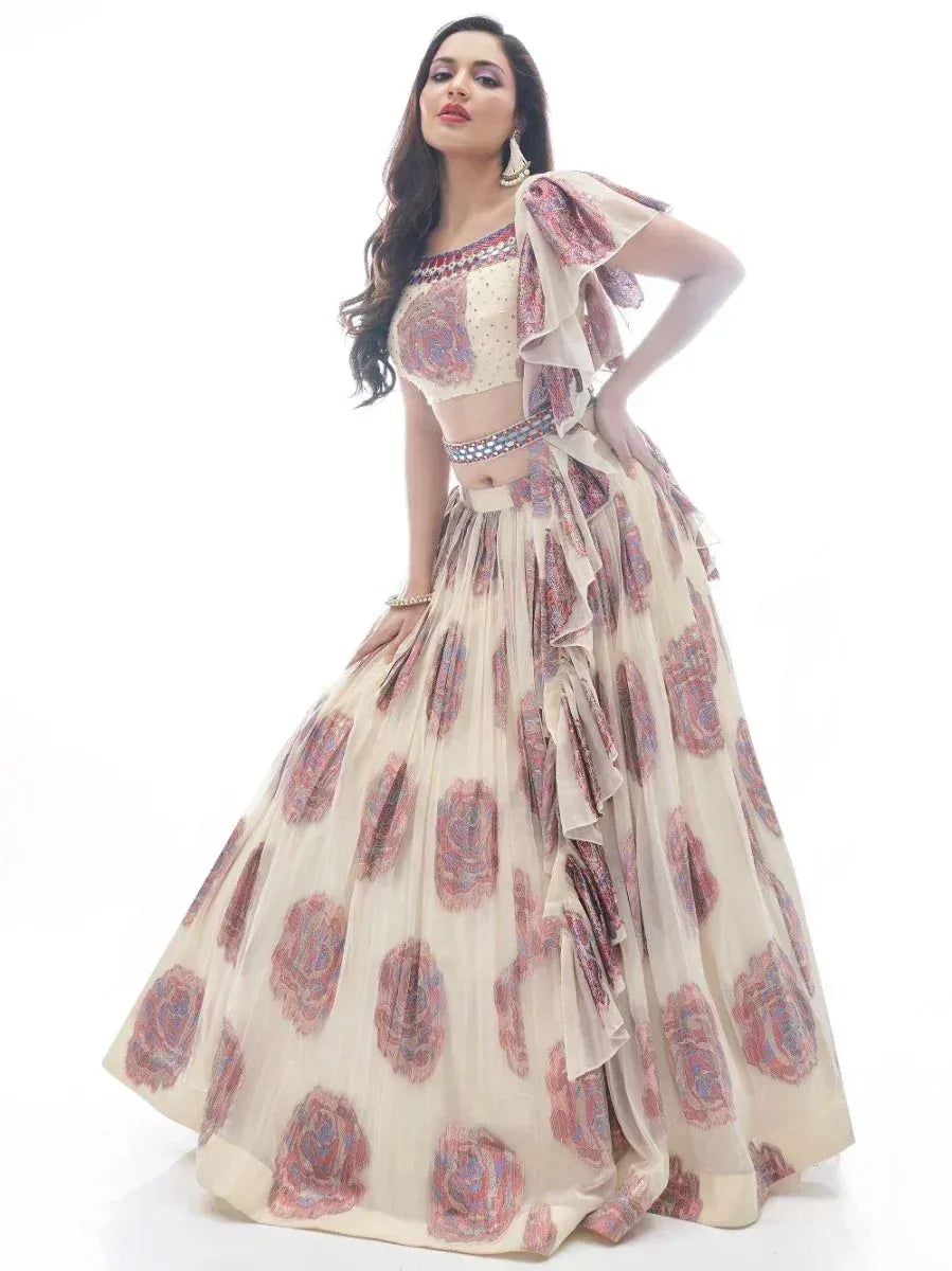 Cream floral lehenga choli with ruffled dupatta, perfect for Indian ethnic wear occasions