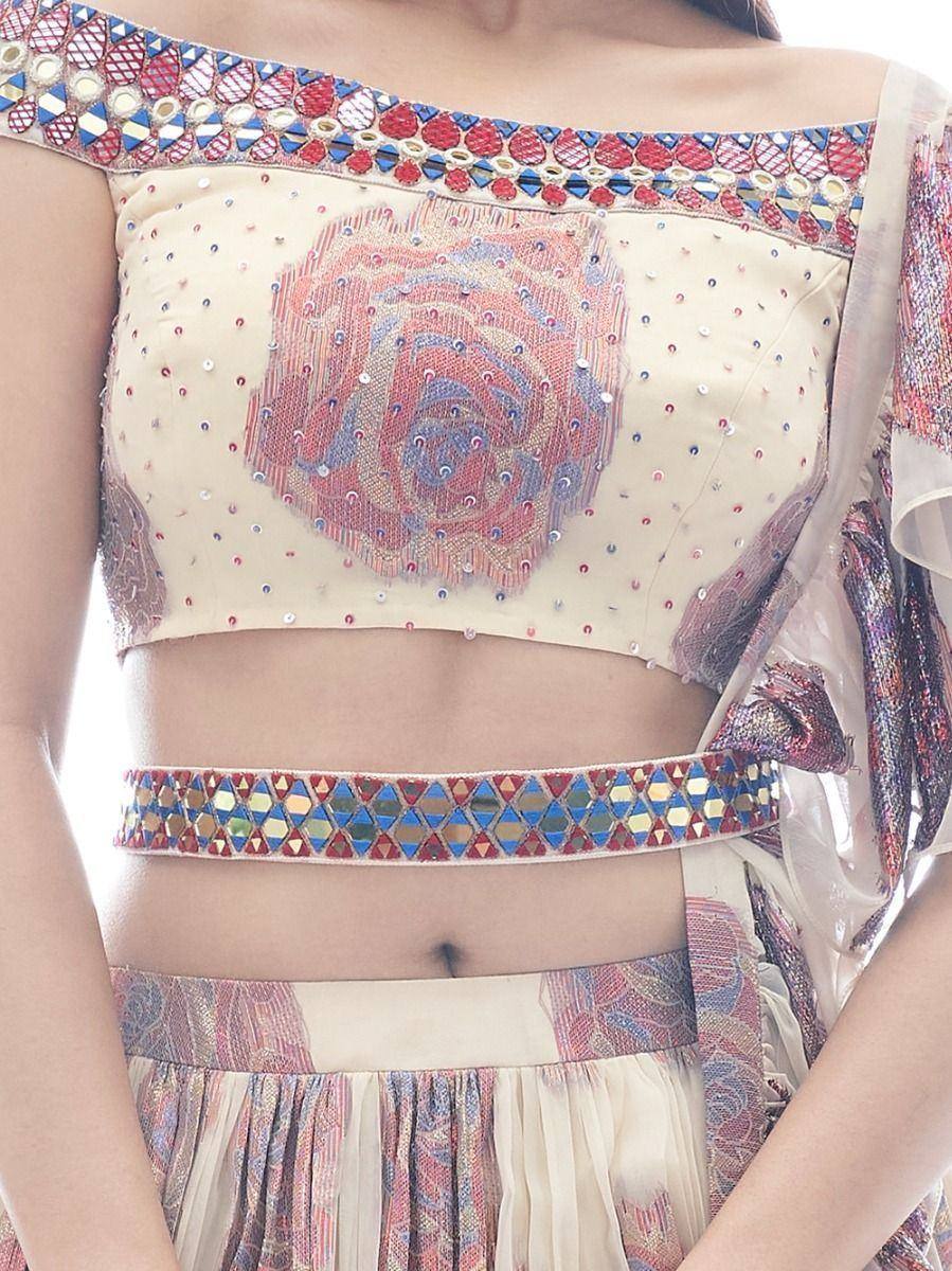 Designer lehenga choli with floral embroidery and mirror work, ethnic Indian wear