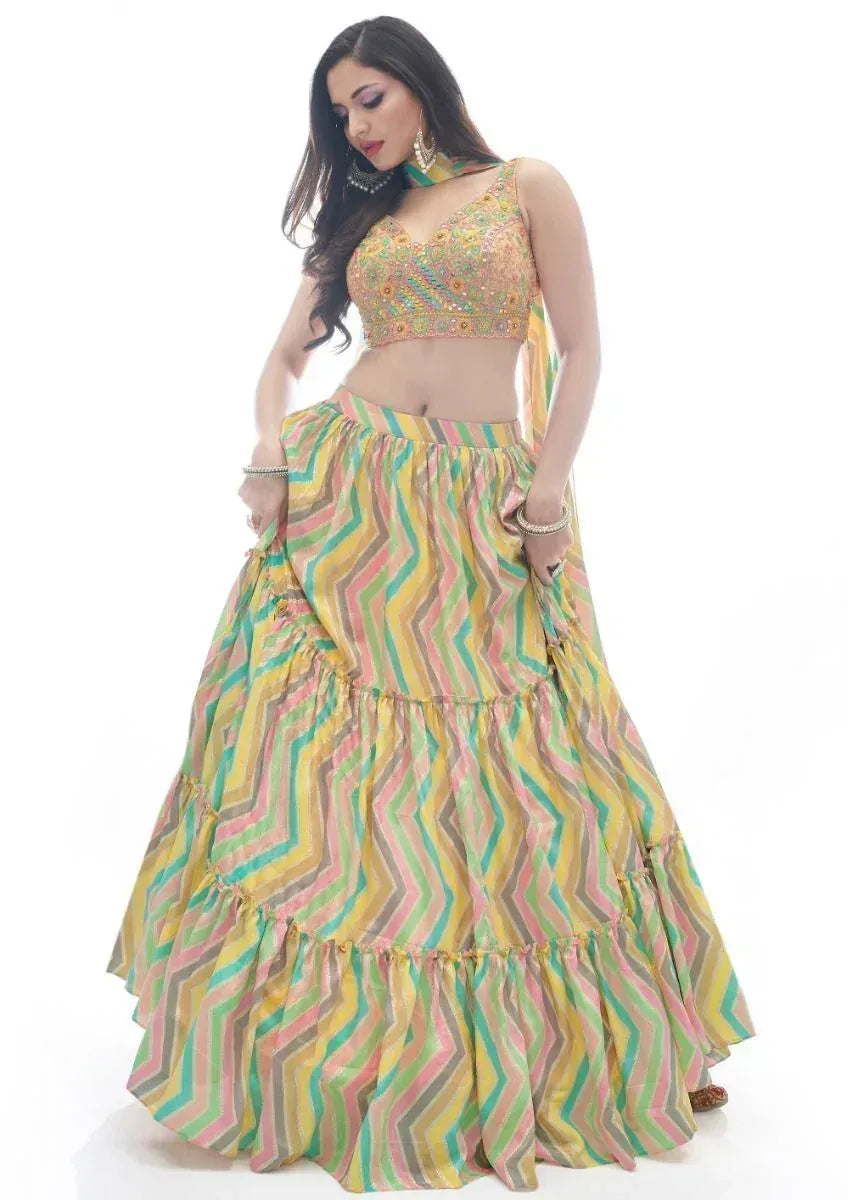 Colorful zigzag print lehenga choli with embroidered blouse, perfect for Indian ethnic wear occasions