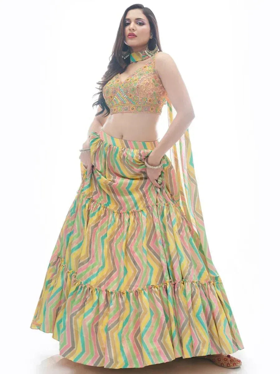 Colorful zigzag print lehenga choli with embroidered blouse, perfect for Indian ethnic wear events