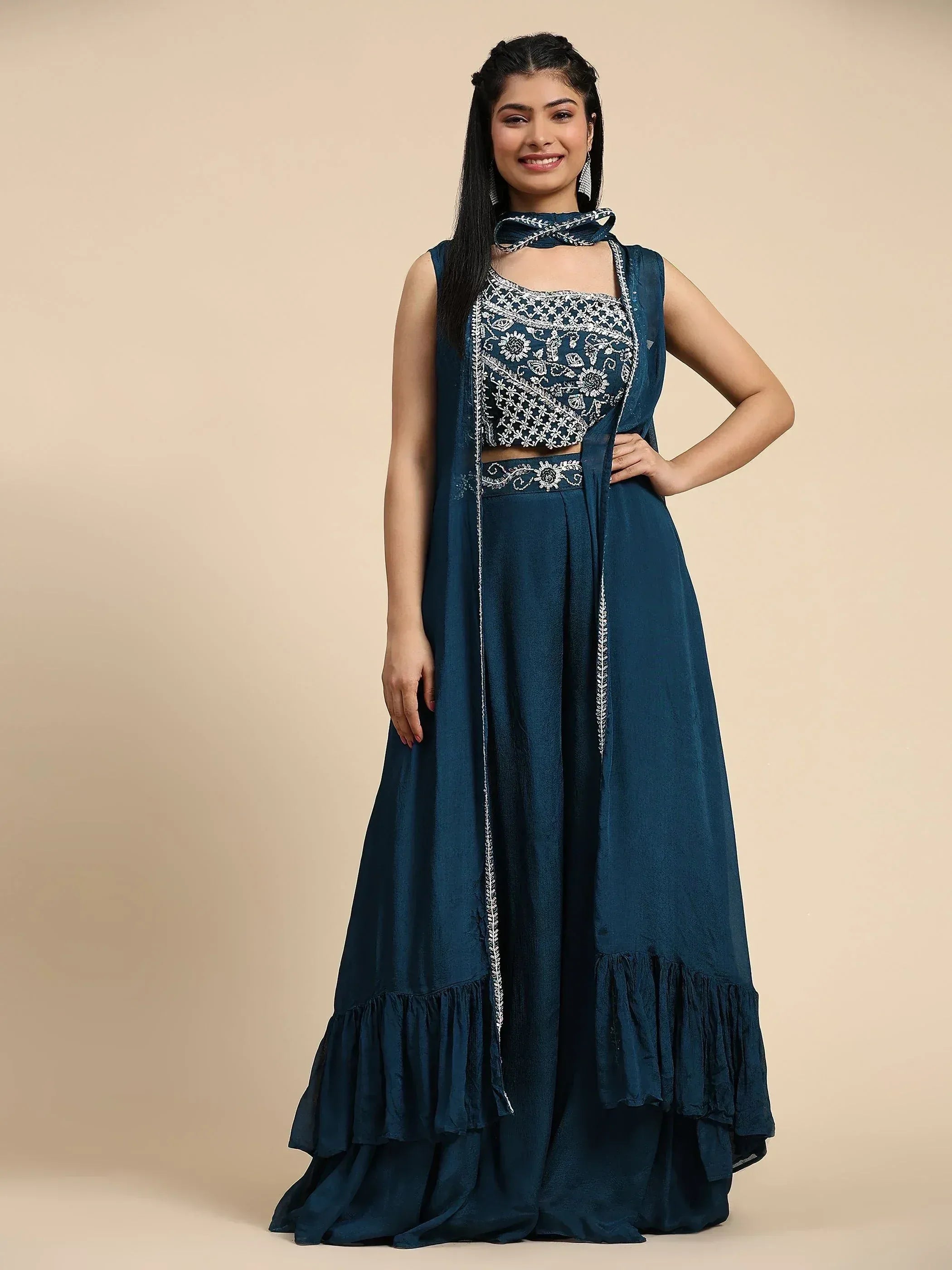 Teal blue embroidered ethnic gown with ruffled hem and matching dupatta for women