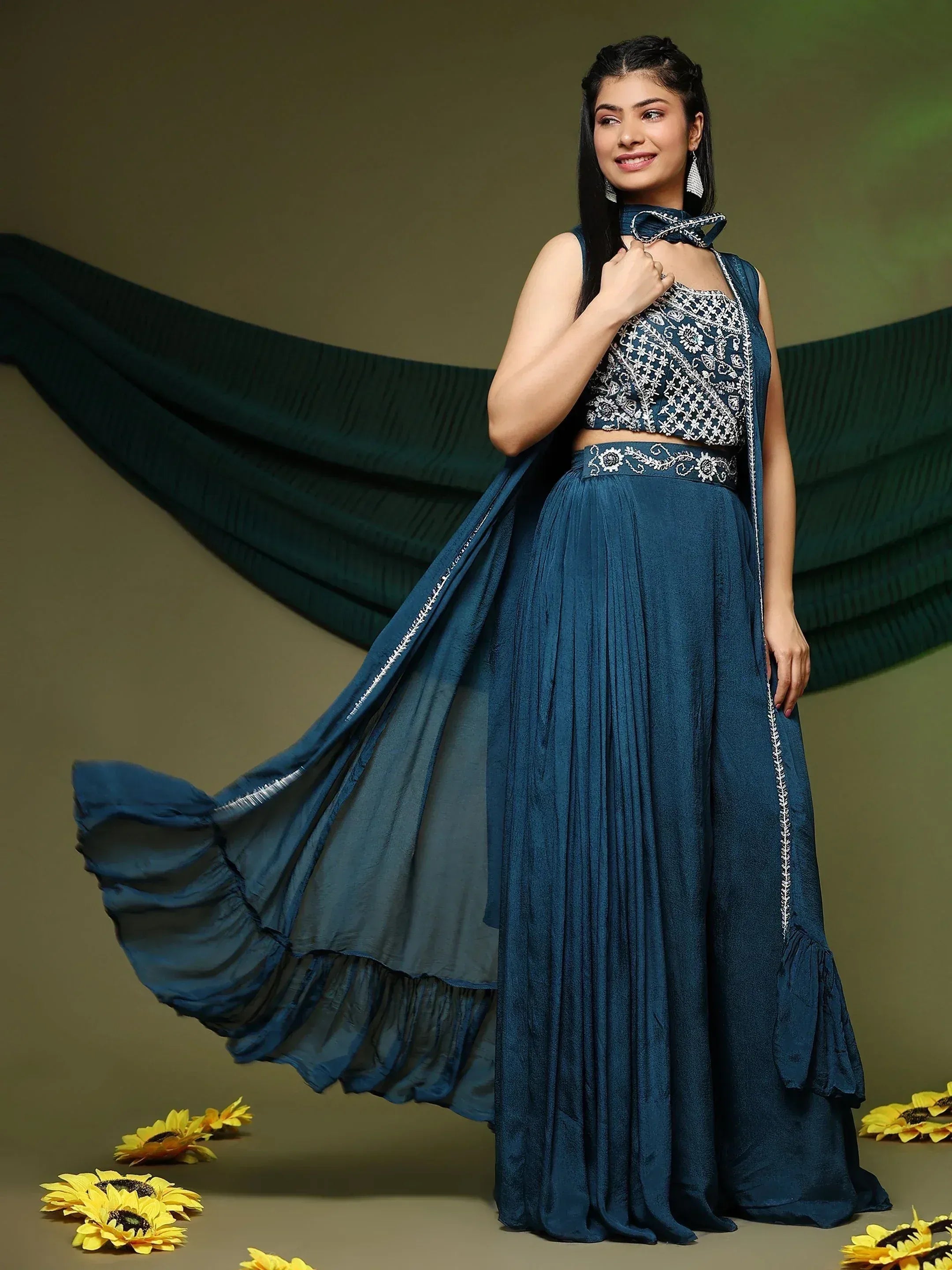 Blue embroidered lehenga choli with pleated skirt and dupatta, perfect for Indian ethnic occasions