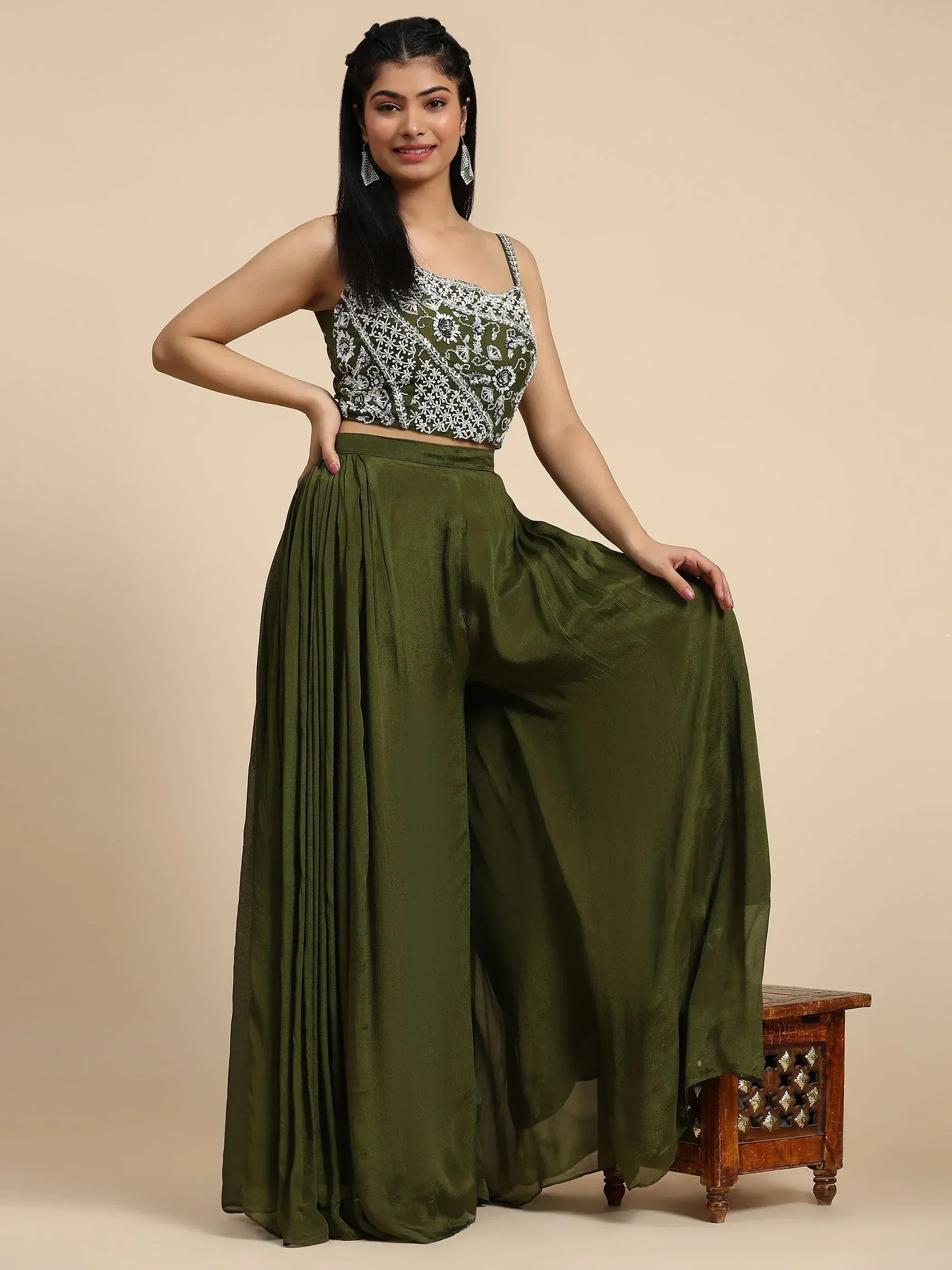 Olive green ethnic palazzo set with embroidered crop top, perfect for Indian occasions