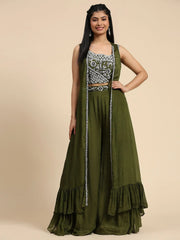Precious Olive Green Embroidered Chinon Crop Top Palazzo With Shrug