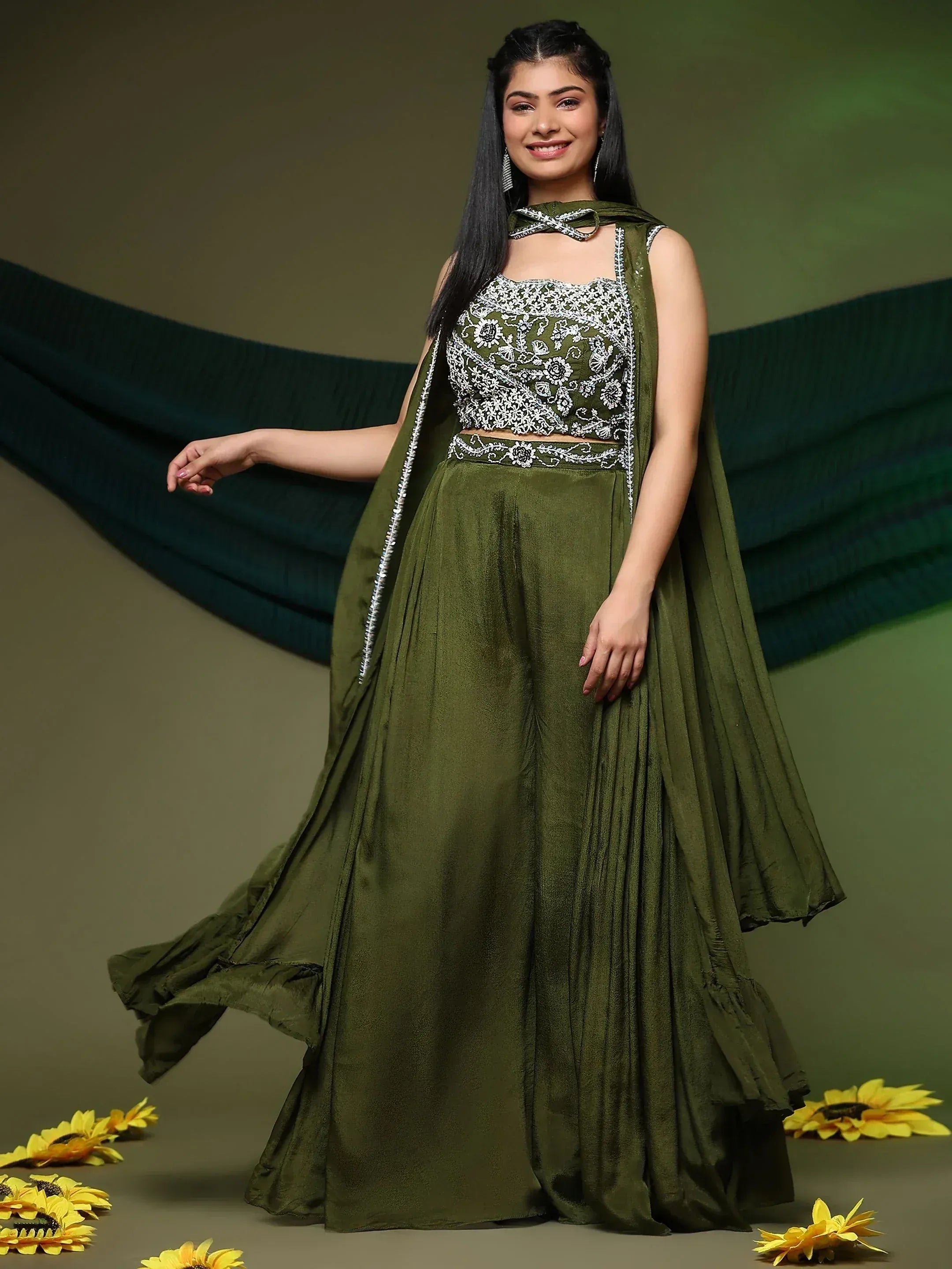 Olive green embroidered lehenga choli with floral detailing and dupatta, perfect for Indian ethnic occasions.
