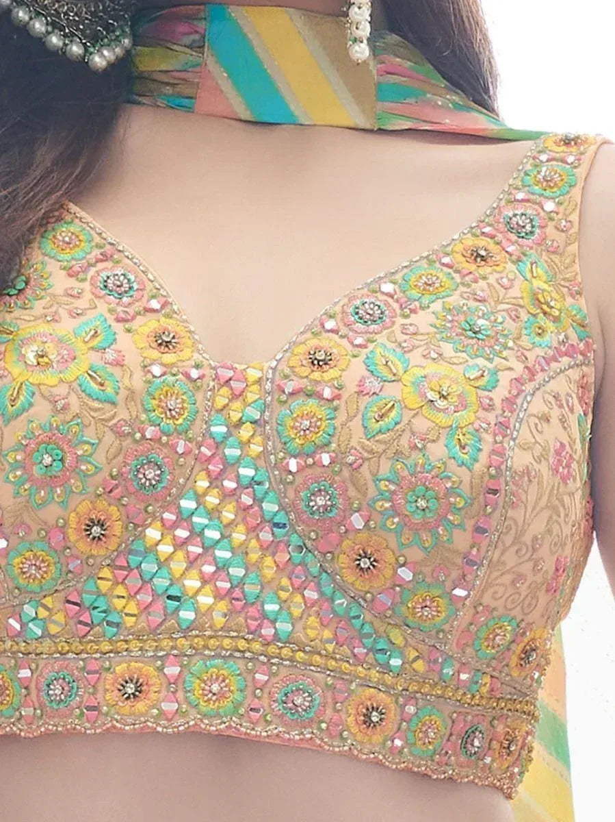 Colorful embroidered designer lehenga choli top with floral mirror work and pastel stripes