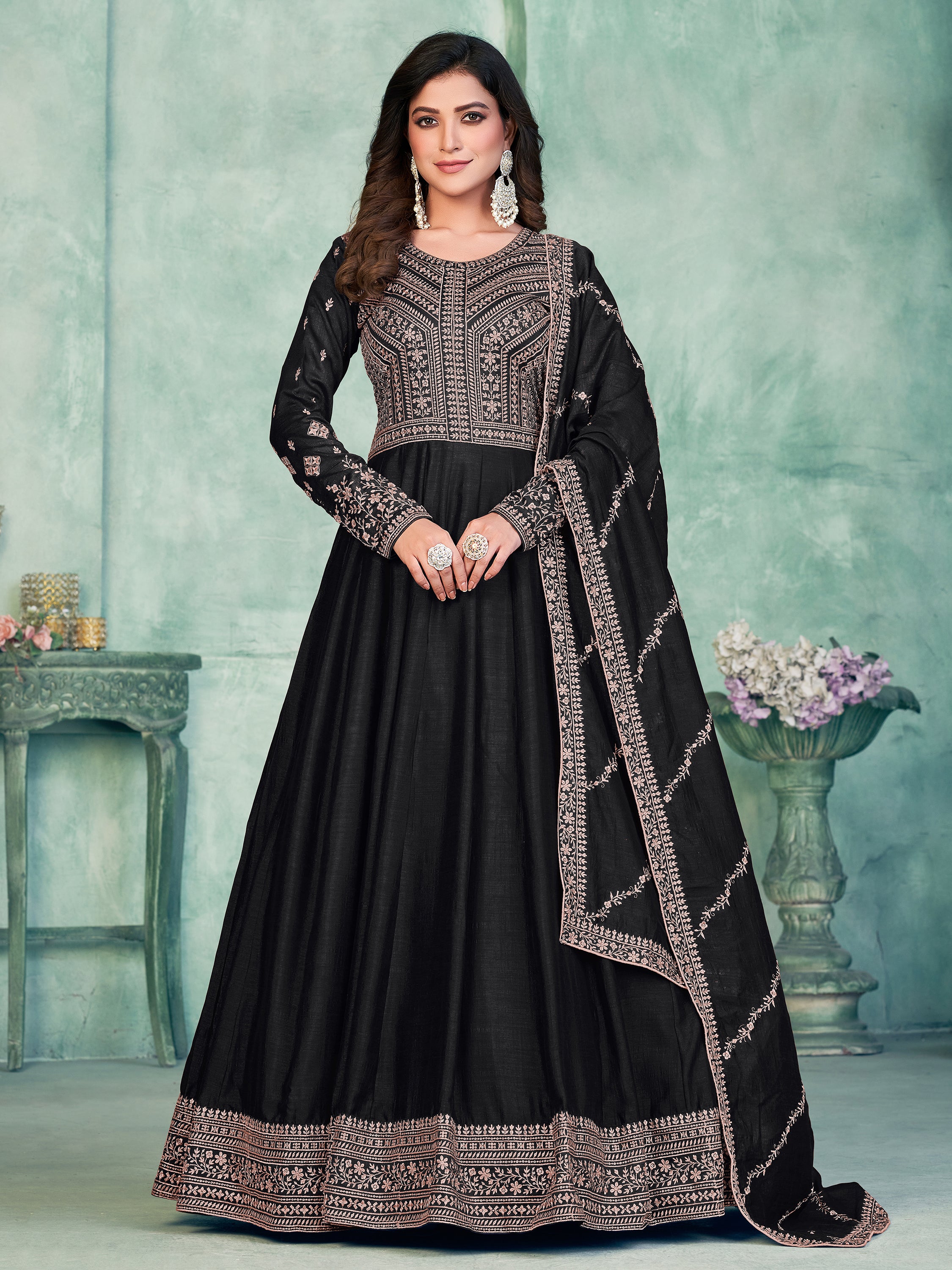Captivating Black Thread Work Silk Event Wear Gown With Dupatta