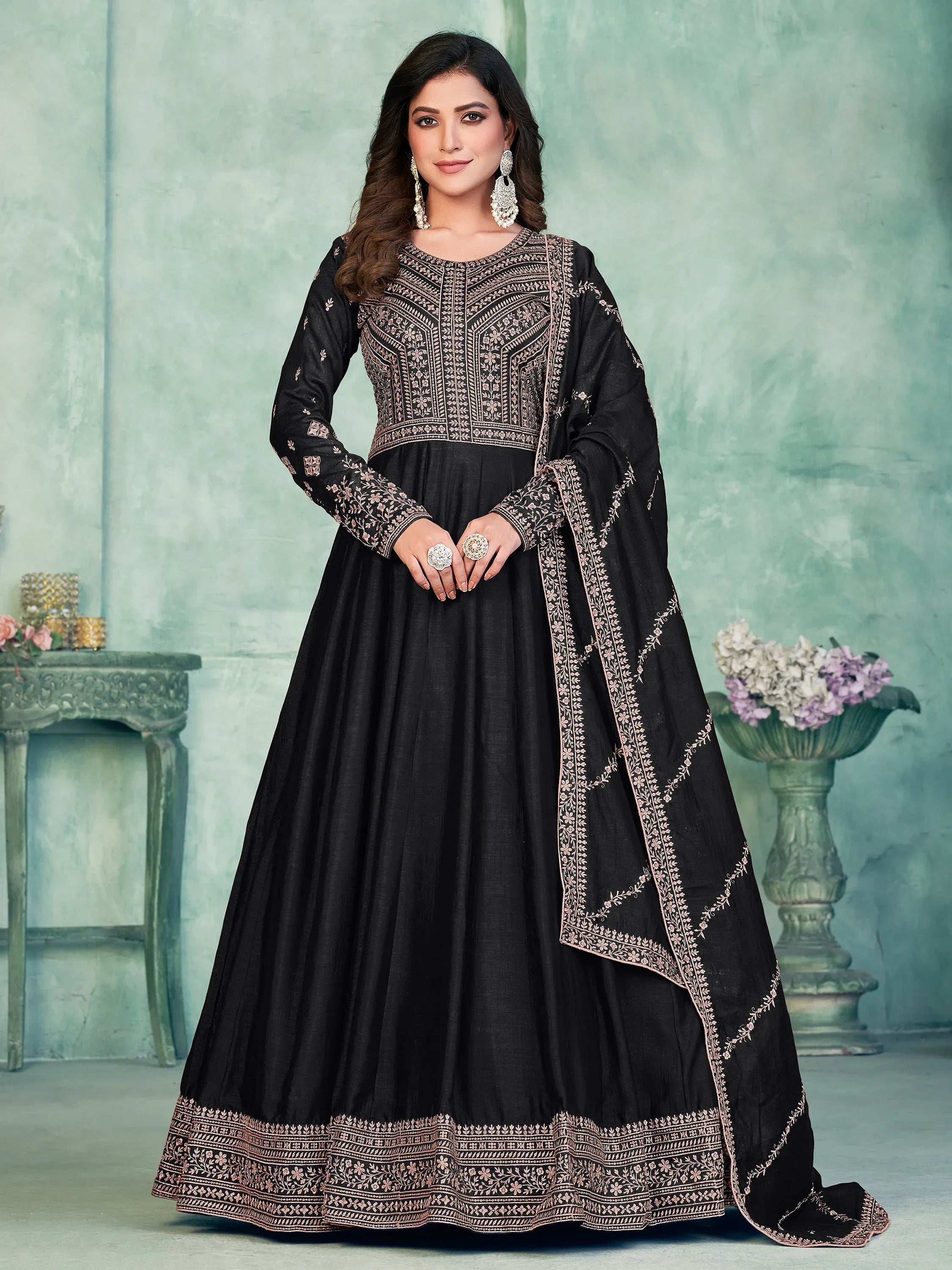 Captivating Black Thread Work Silk Event Wear Gown With Dupatta
