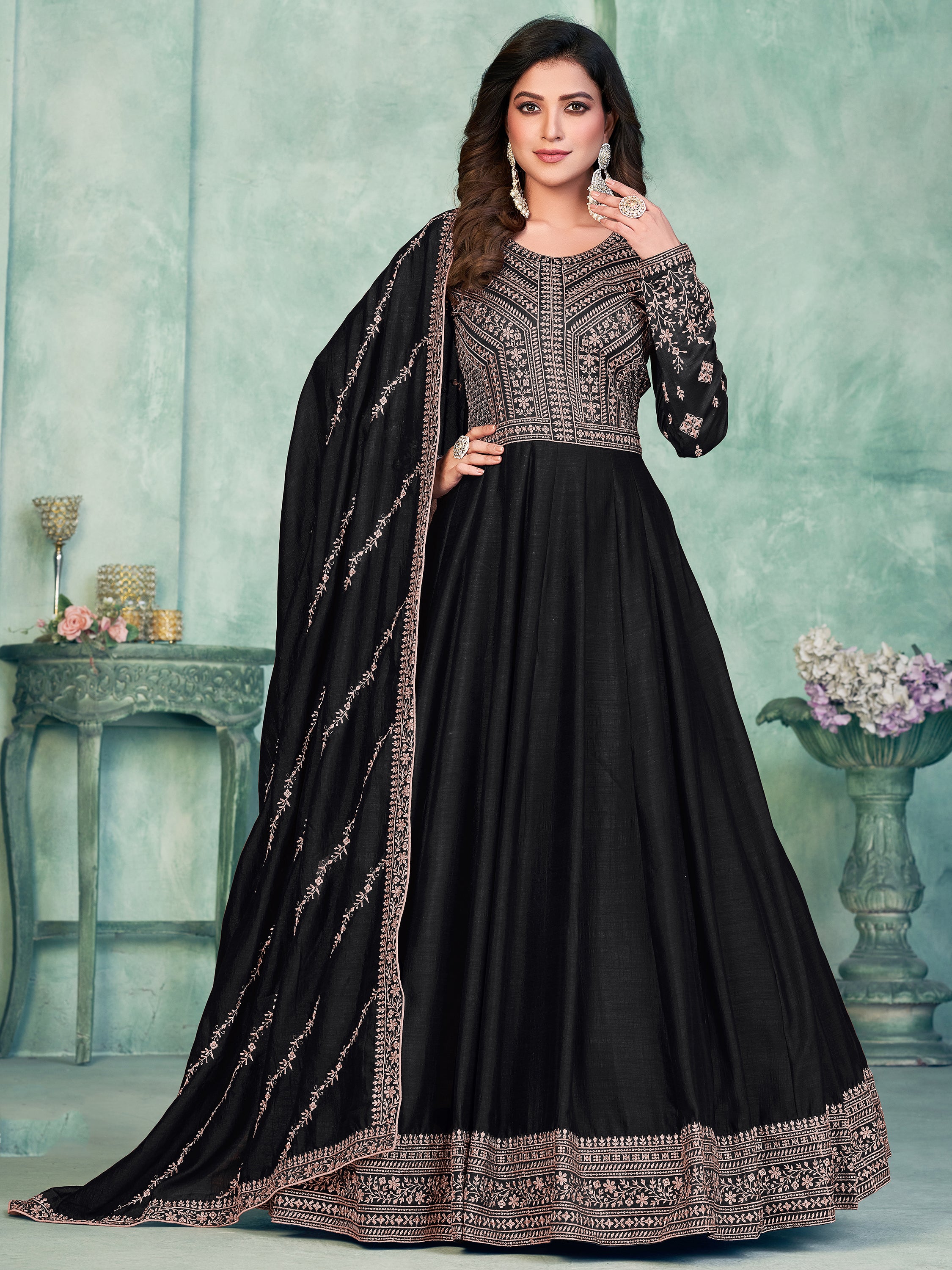 Captivating Black Thread Work Silk Event Wear Gown With Dupatta