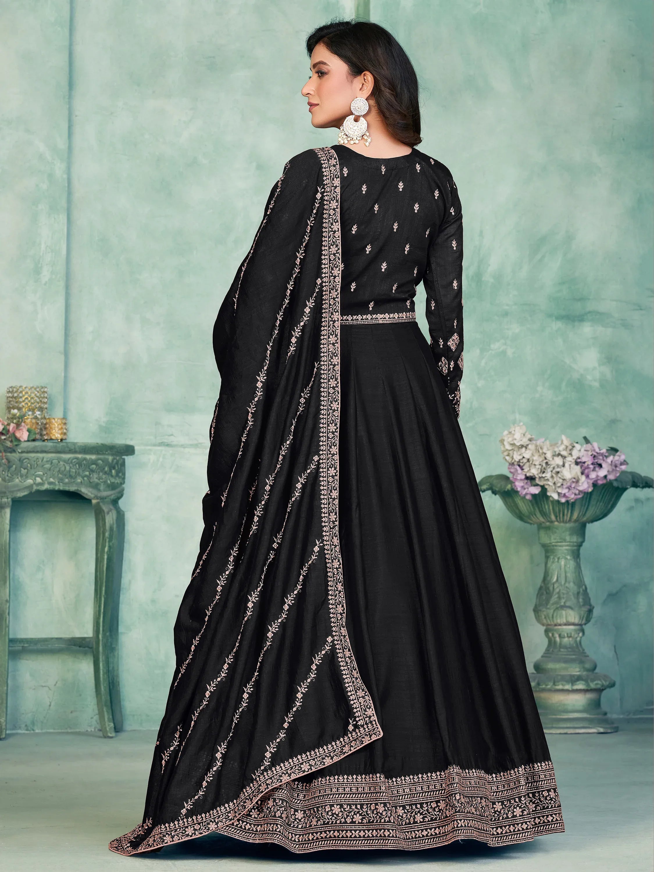 Captivating Black Thread Work Silk Event Wear Gown With Dupatta