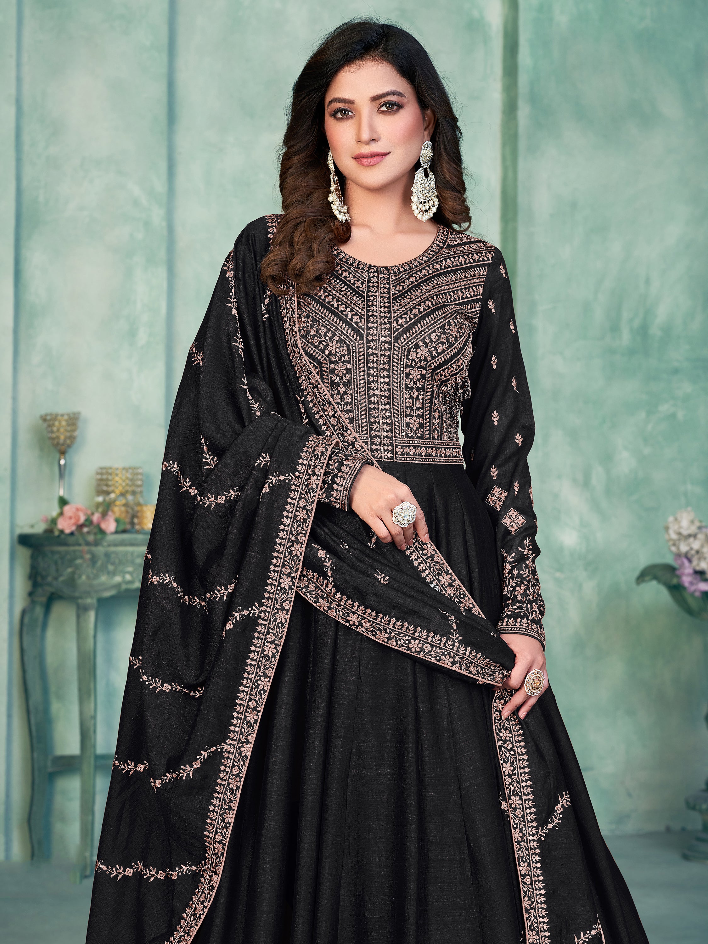 Captivating Black Thread Work Silk Event Wear Gown With Dupatta