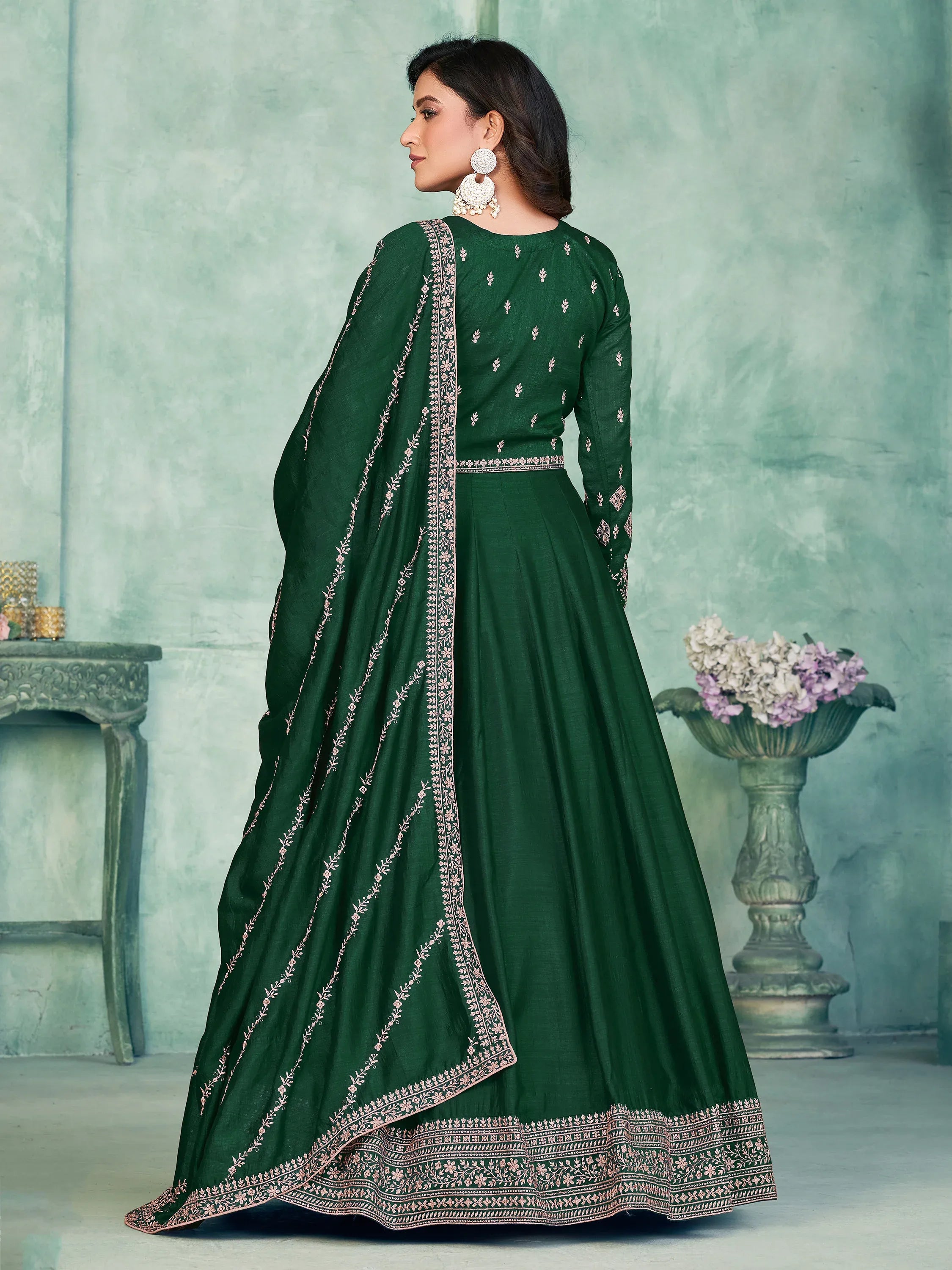 Delicate Green Sequins Silk Mehendi Wear Gown With Dupatta