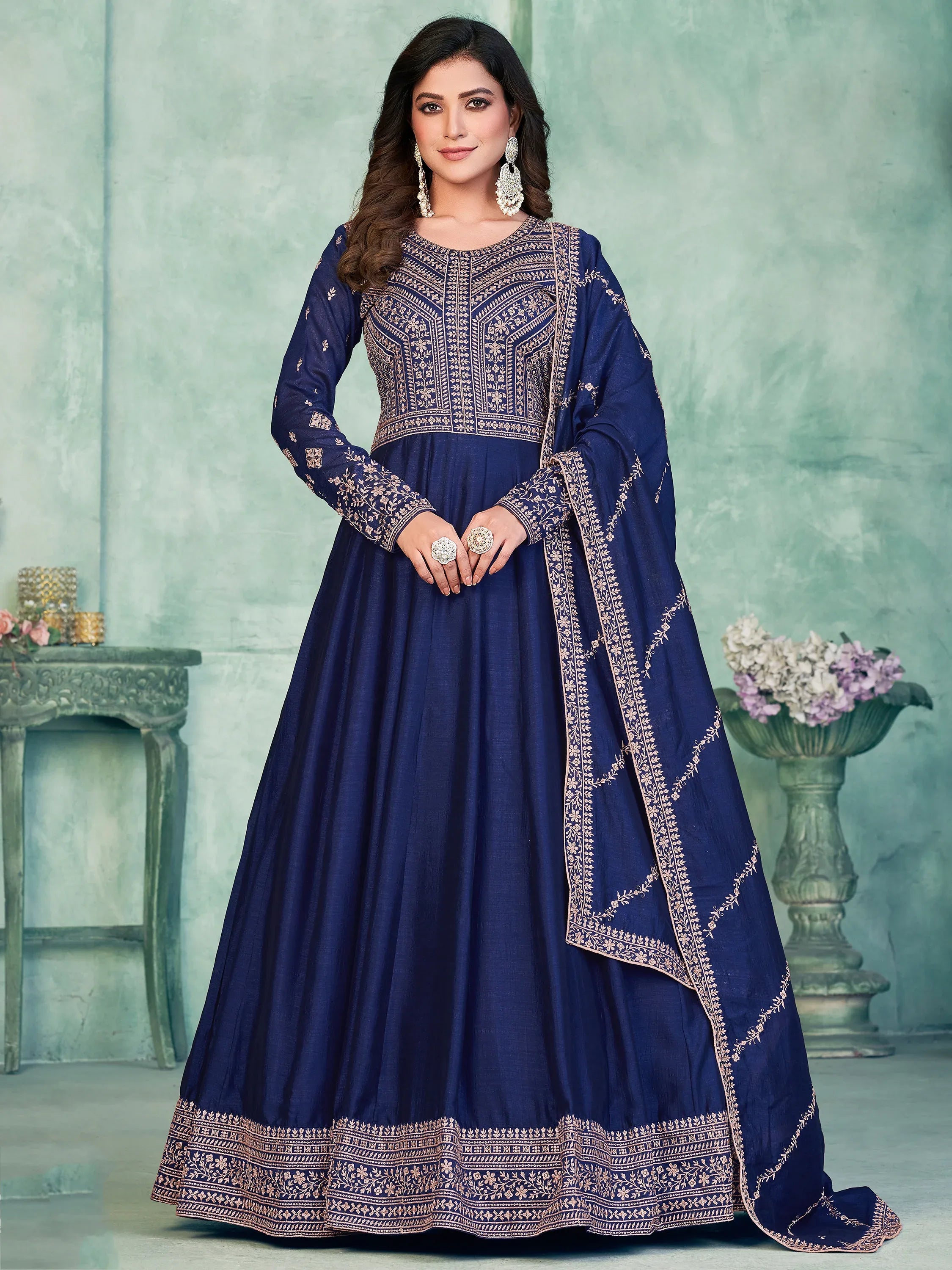 Stunning Navy Blue Embroidered Silk Festive Wear Gown With Dupatta