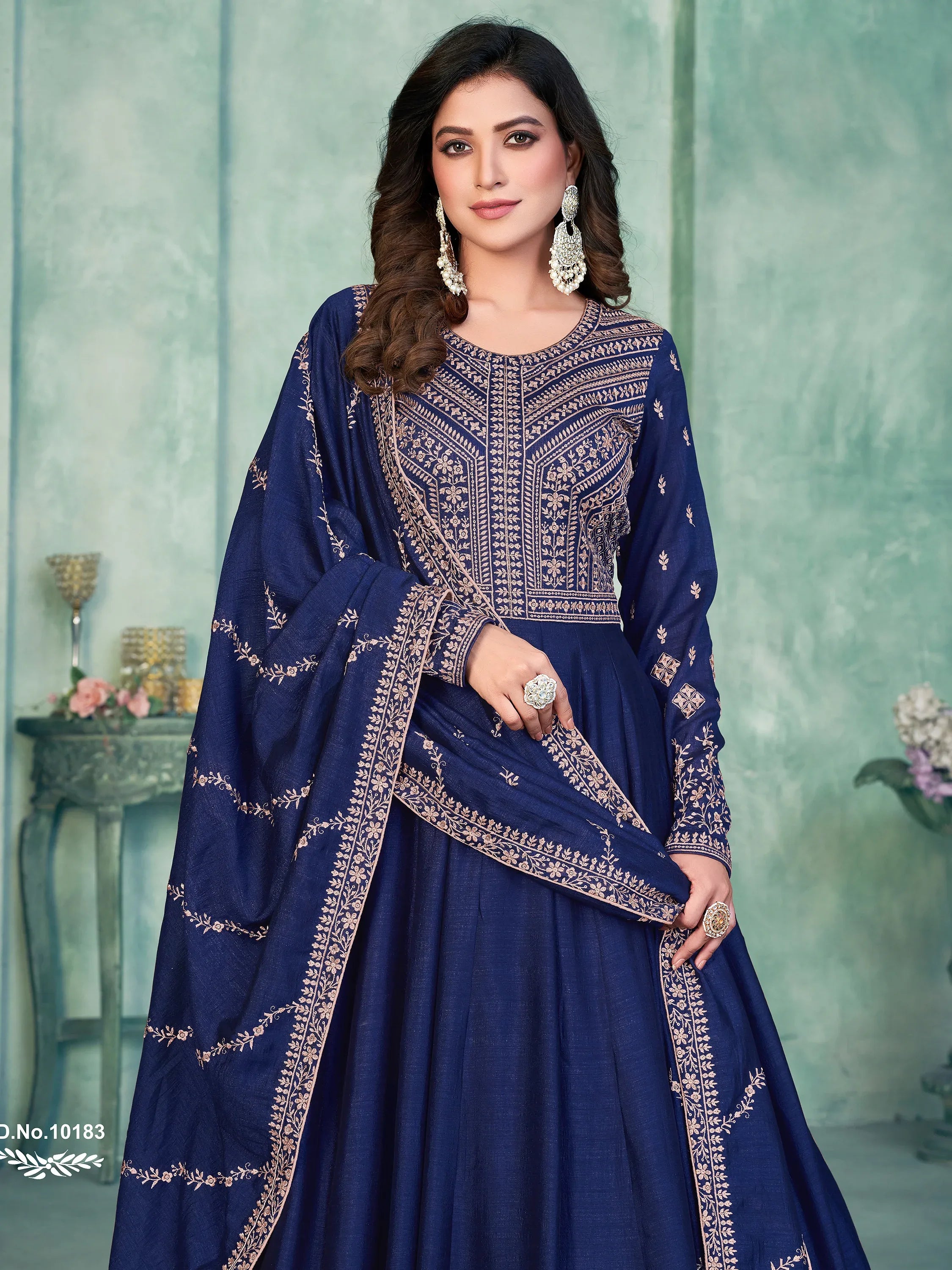 Stunning Navy Blue Embroidered Silk Festive Wear Gown With Dupatta