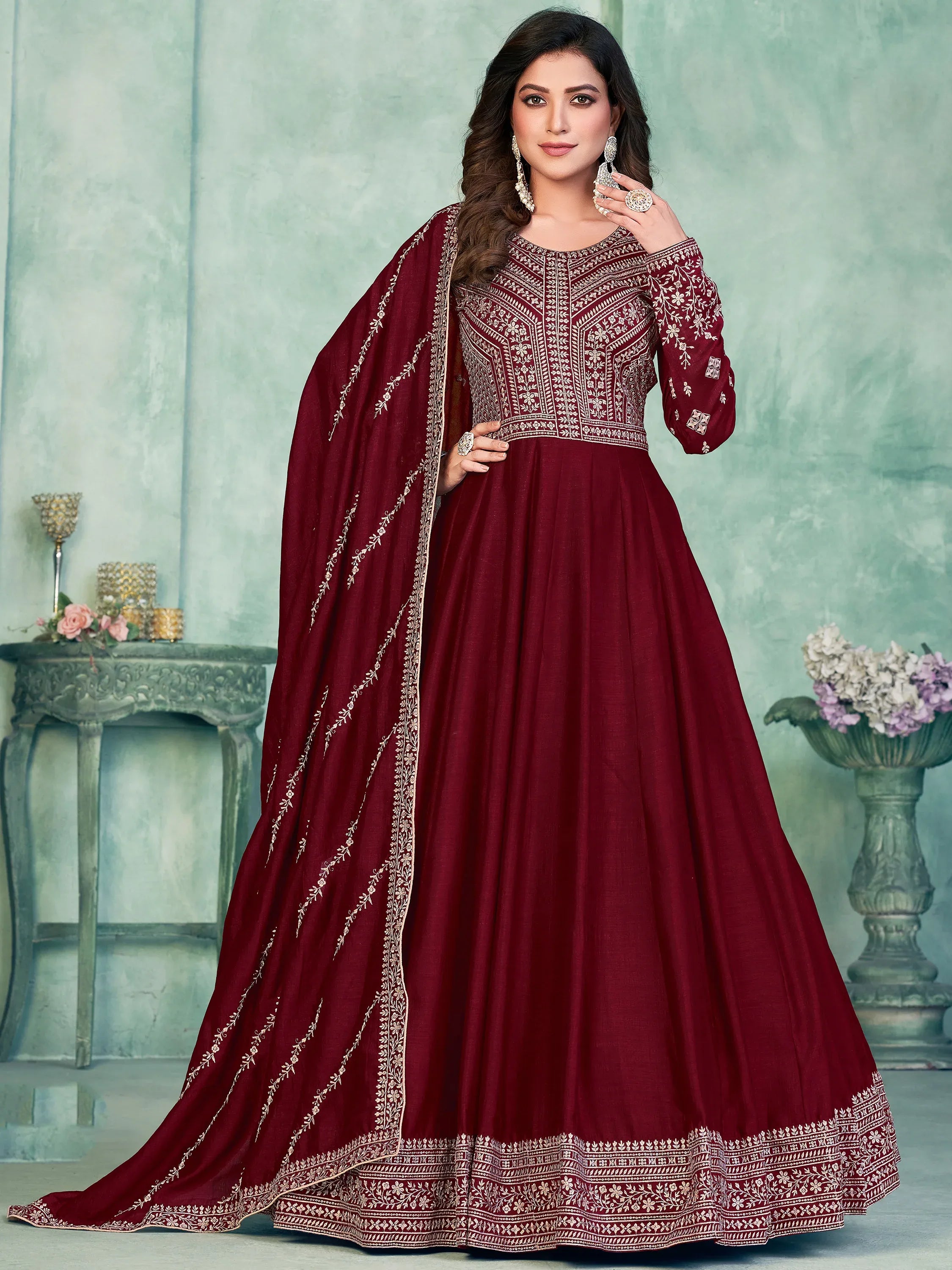 Royal Maroon Thread Work Silk Wedding Wear Gown With Dupatta