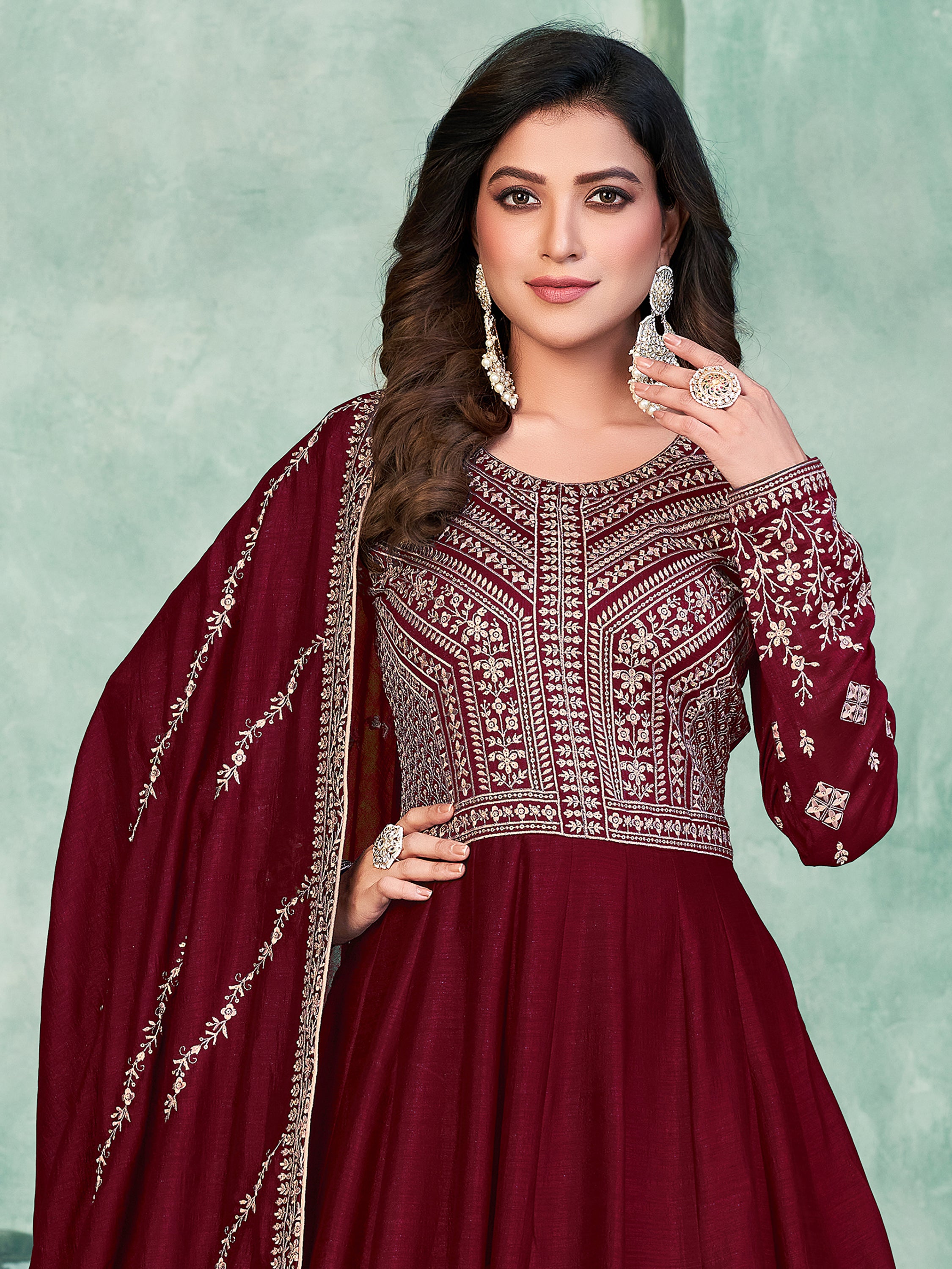 Royal Maroon Thread Work Silk Wedding Wear Gown With Dupatta
