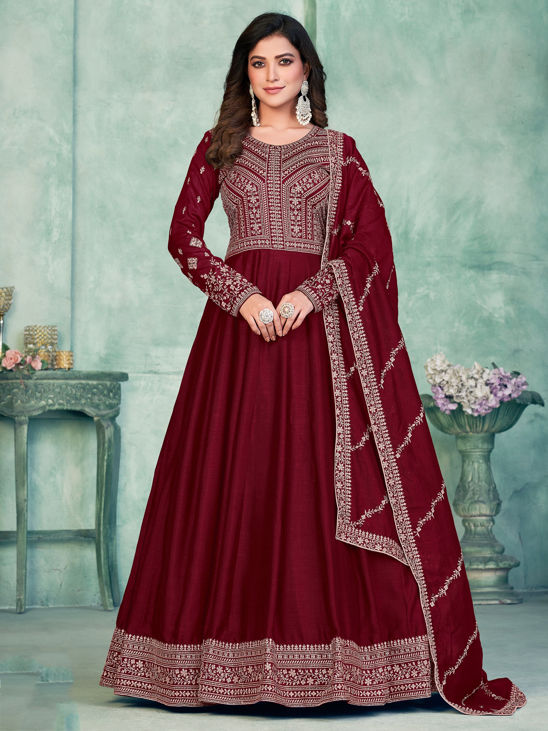 Royal Maroon Thread Work Silk Wedding Wear Gown With Dupatta