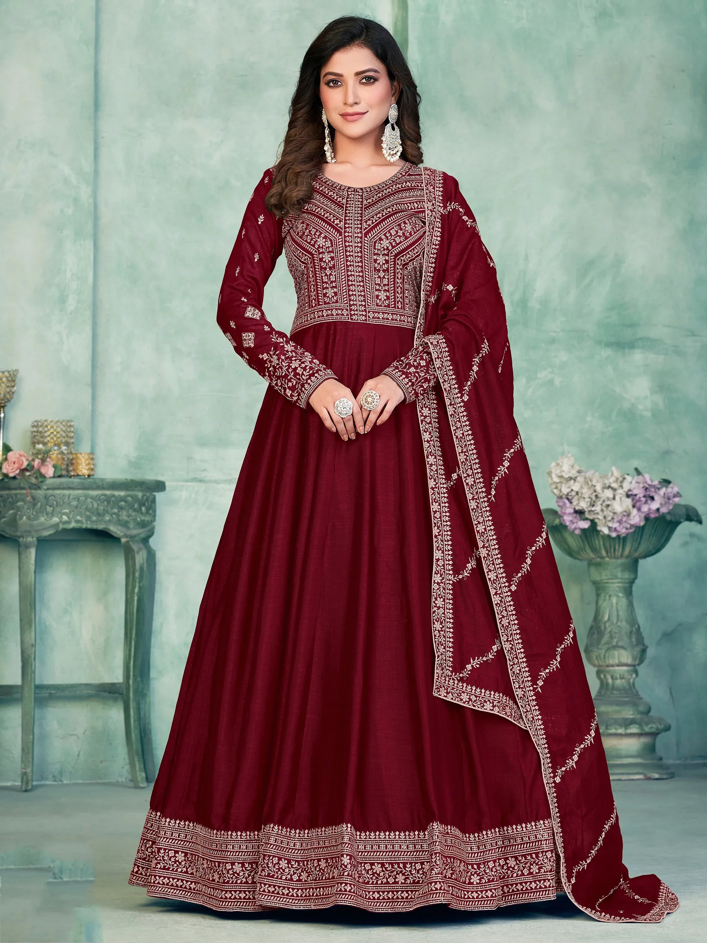Royal Maroon Thread Work Silk Wedding Wear Gown With Dupatta