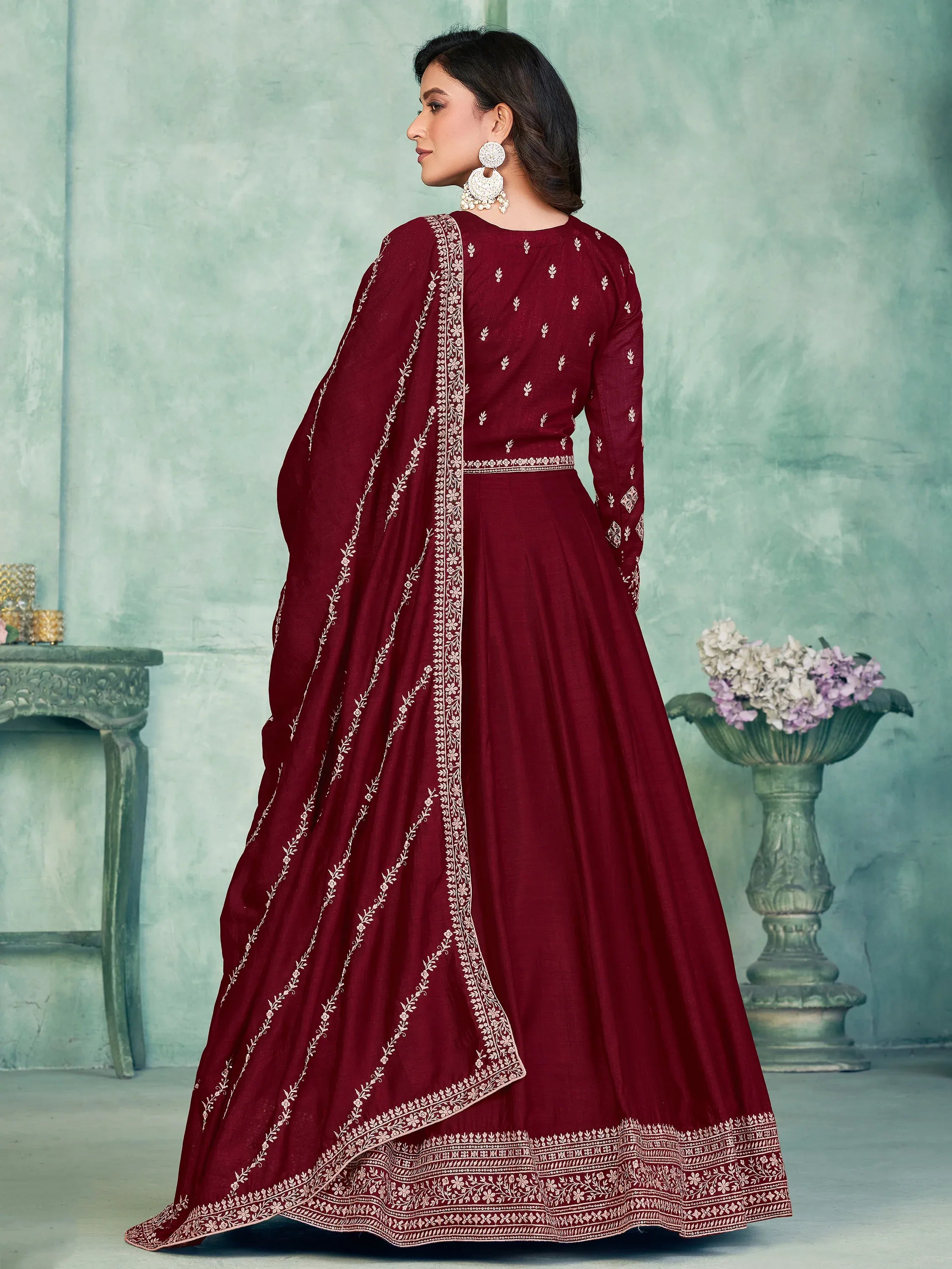 Royal Maroon Thread Work Silk Wedding Wear Gown With Dupatta