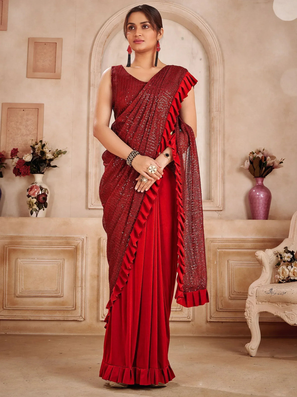Red sequin saree with ruffle detailing, ethnic Indian wear for festive occasions
