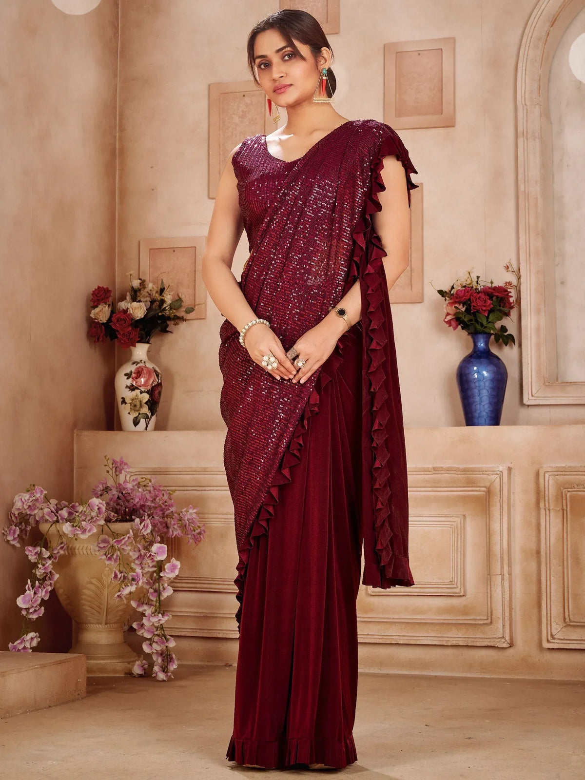 Maroon sequin saree with ruffled velvet border, Indian ethnic wear for women
