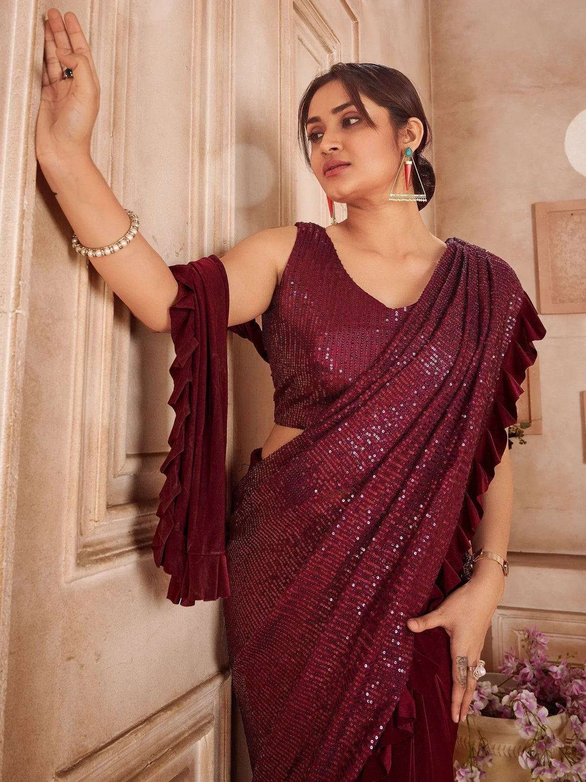 Burgundy sequin saree with ruffled sleeves, ethnic Indian wear for festive occasions