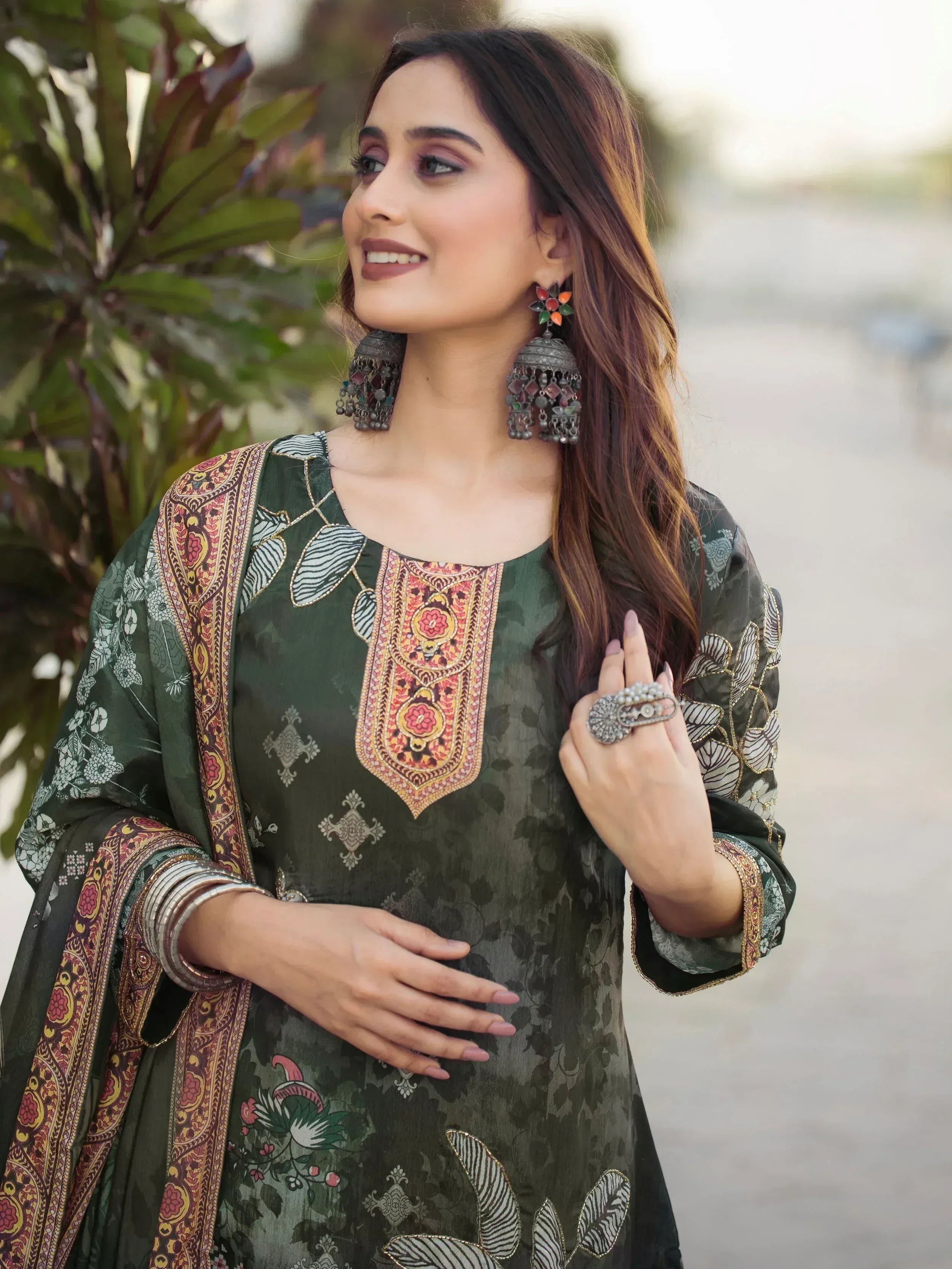 Sprakling Dark Grey Digital Printed Chinon Festive Wear Straight Suit