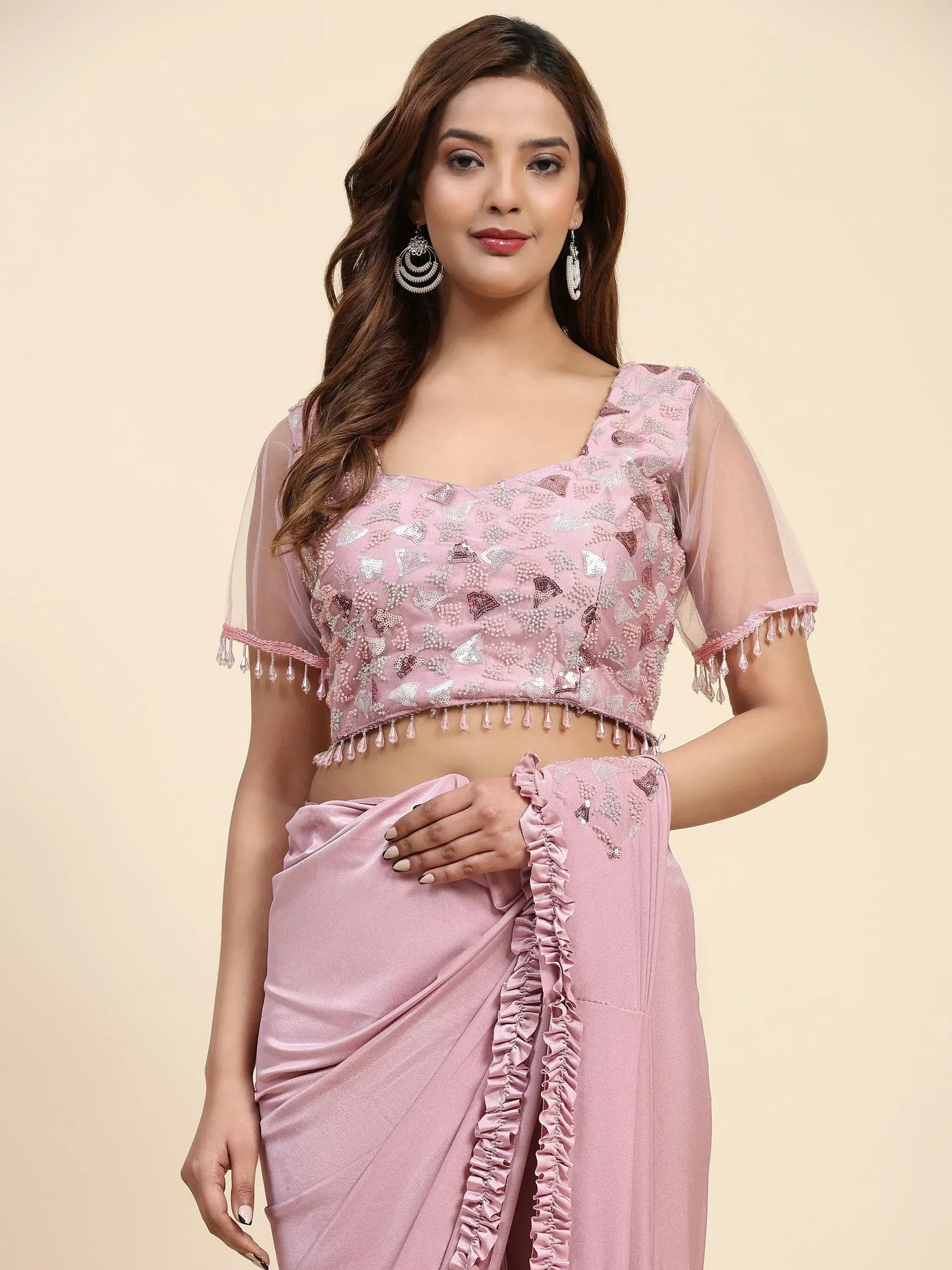 Pink embroidered saree with sequin blouse and ruffled border, Indian ethnic wear