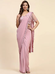 Gorgeous Baby Pink Embroidered Satin Ready To Wear Saree With Blouse