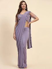 Fabulous Lavender Embroidered Satin Ready To Wear Saree With Blouse