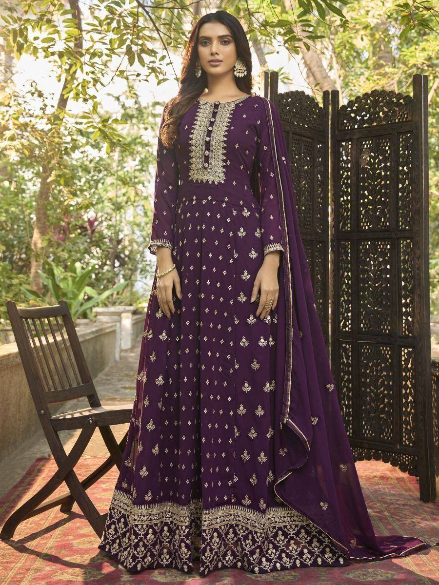Purple embroidered anarkali suit with gold detailing, perfect for Indian ethnic occasions