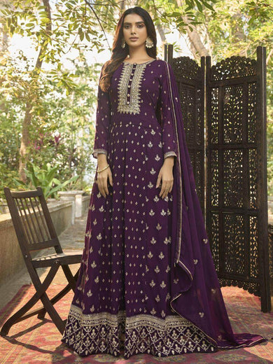 Gorgeous Mulberry Embroidered Georgette Festive Wear Salwar suit