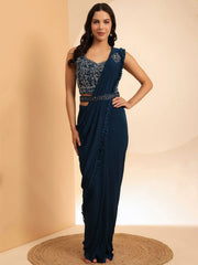 Attractive Navy Blue Mirror Work Lycra Ready To Wear Saree With Blouse