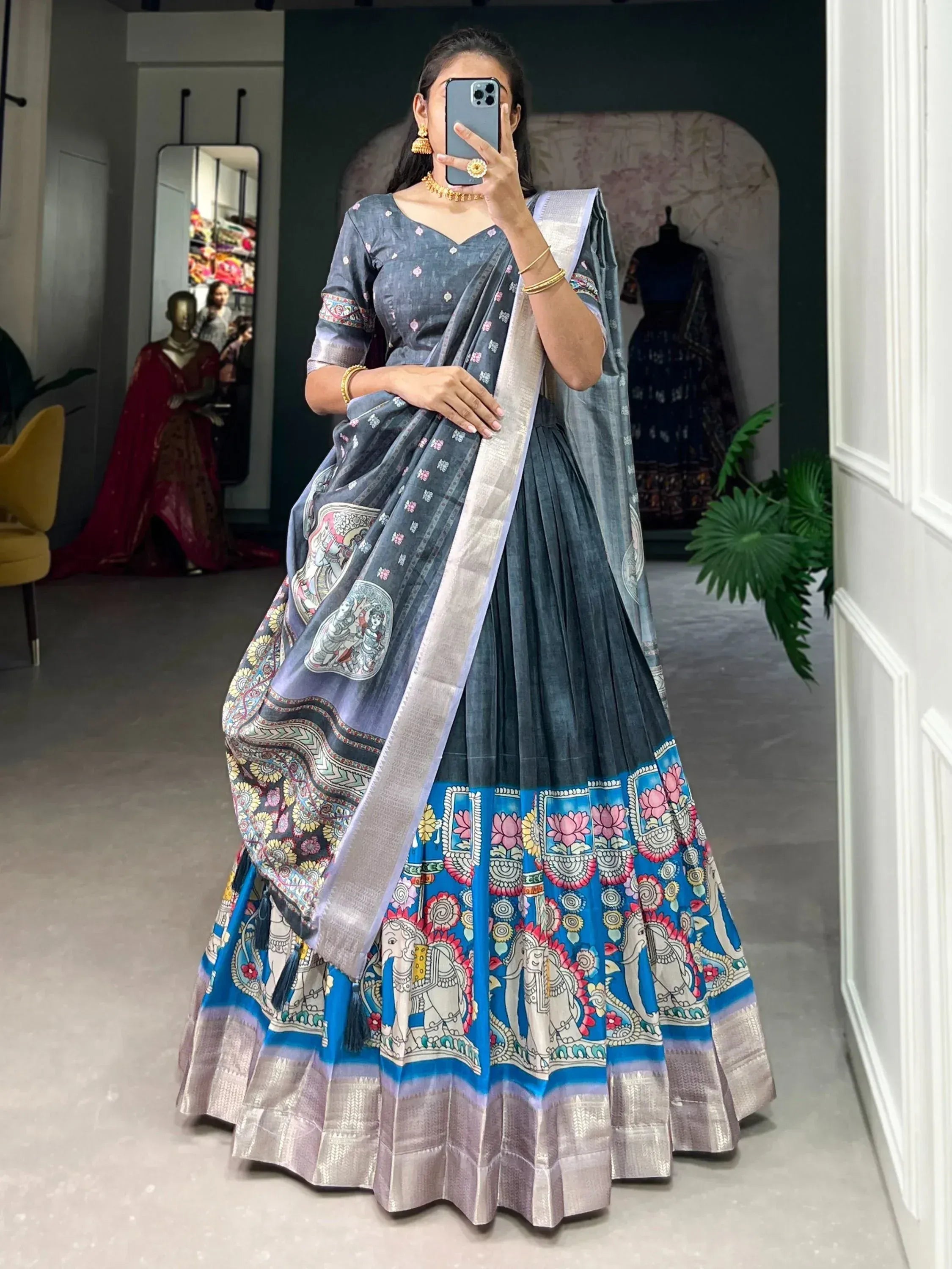 Blue printed lehenga choli with elephant motifs and silver border, Indian ethnic wear