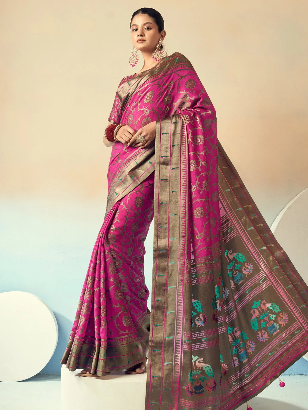 Pink and gold floral saree with traditional border, Indian ethnic wear for women