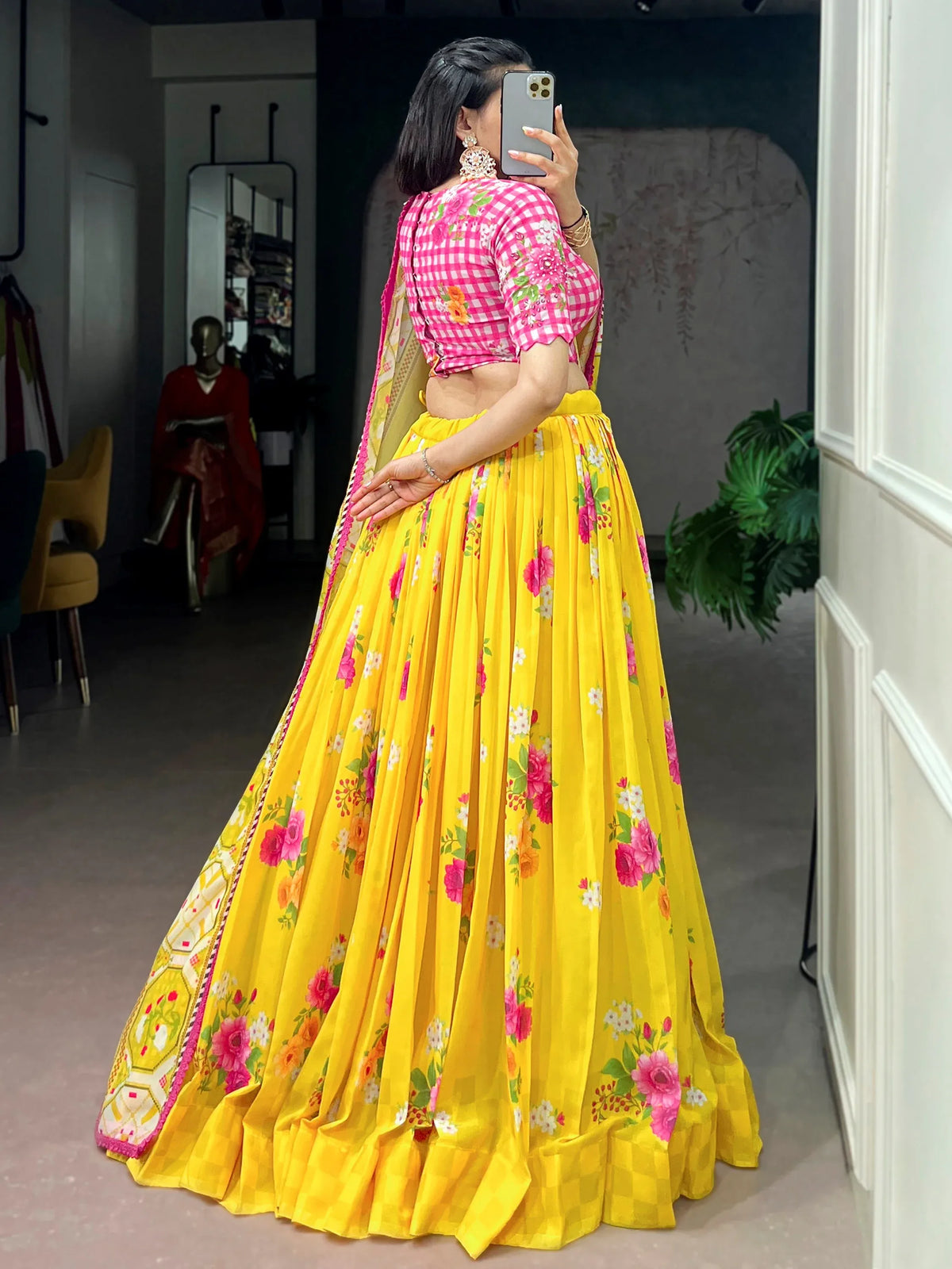 Fantastic Yellow Floral Printed Georgette Haldi Wear Lehenga Choli