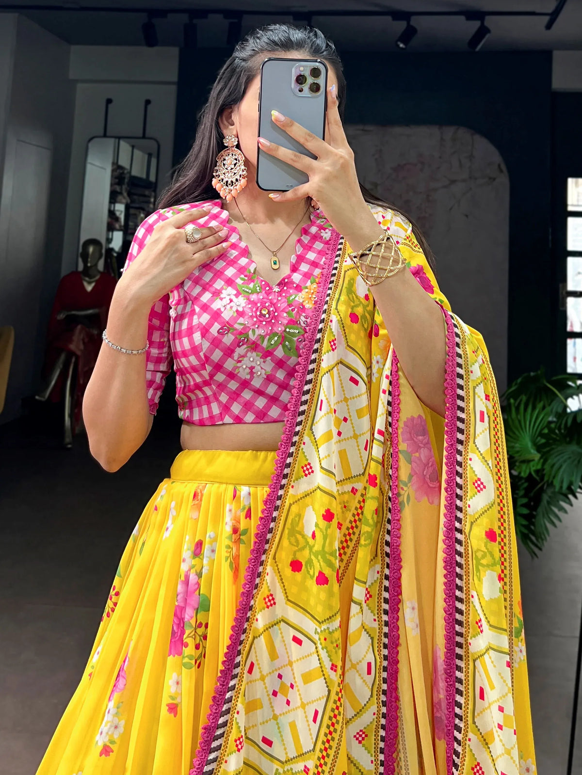 Fantastic Yellow Floral Printed Georgette Haldi Wear Lehenga Choli
