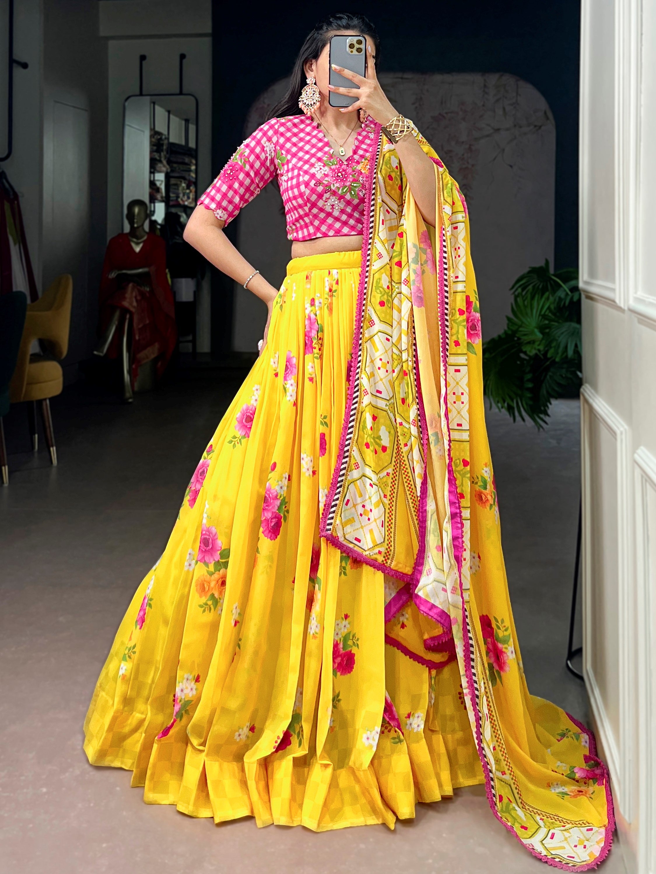 Fantastic Yellow Floral Printed Georgette Haldi Wear Lehenga Choli
