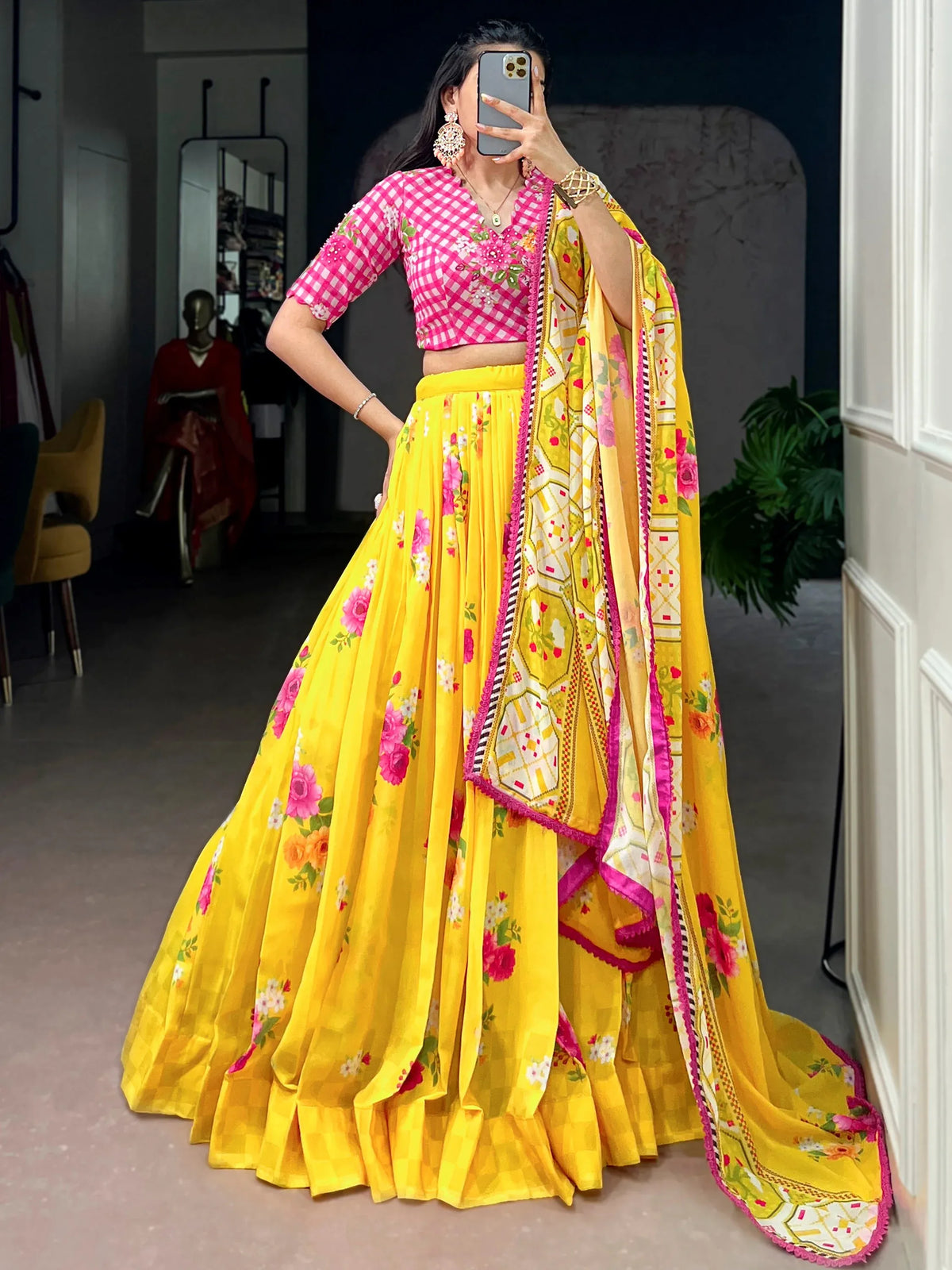Fantastic Yellow Floral Printed Georgette Haldi Wear Lehenga Choli