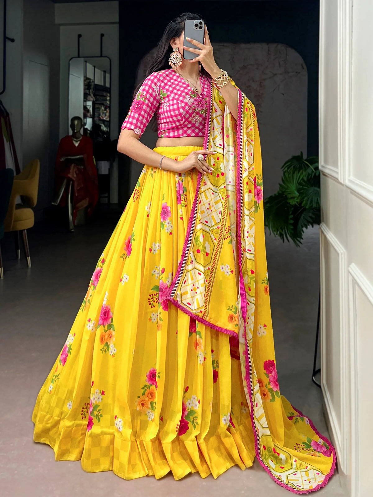 Fantastic Yellow Floral Printed Georgette Haldi Wear Lehenga Choli