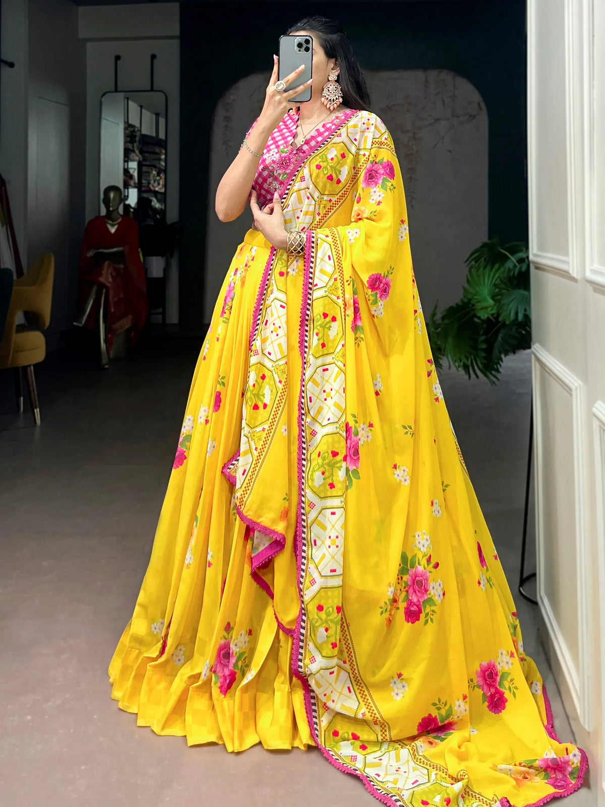 Fantastic Yellow Floral Printed Georgette Haldi Wear Lehenga Choli