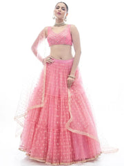 Outstanding Pink Ruffle Work Net Lehenga With Embroidered Choli