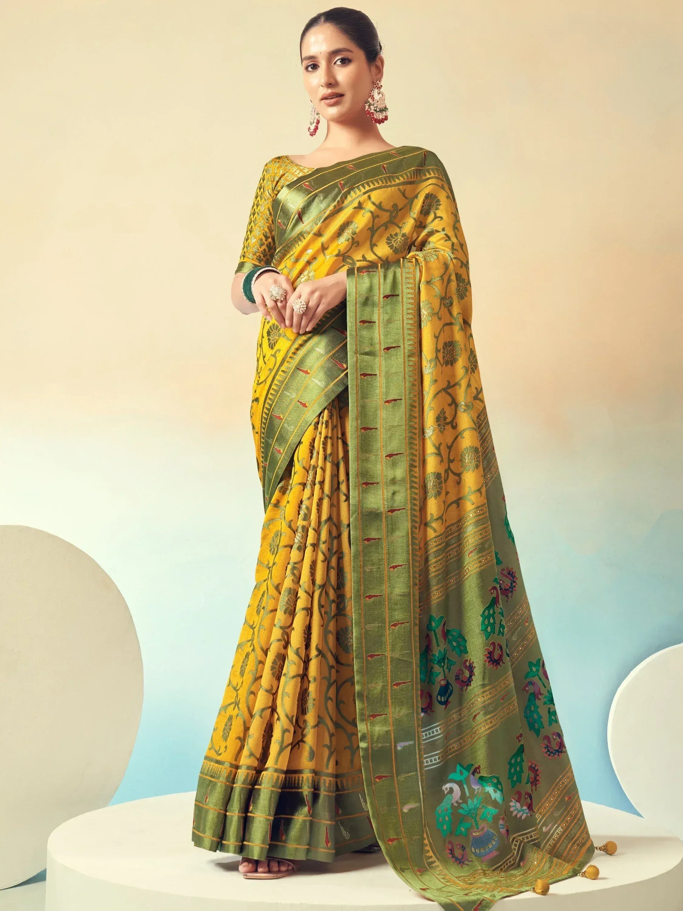 Yellow and green designer saree with floral and peacock print, perfect for Indian ethnic wear occasions