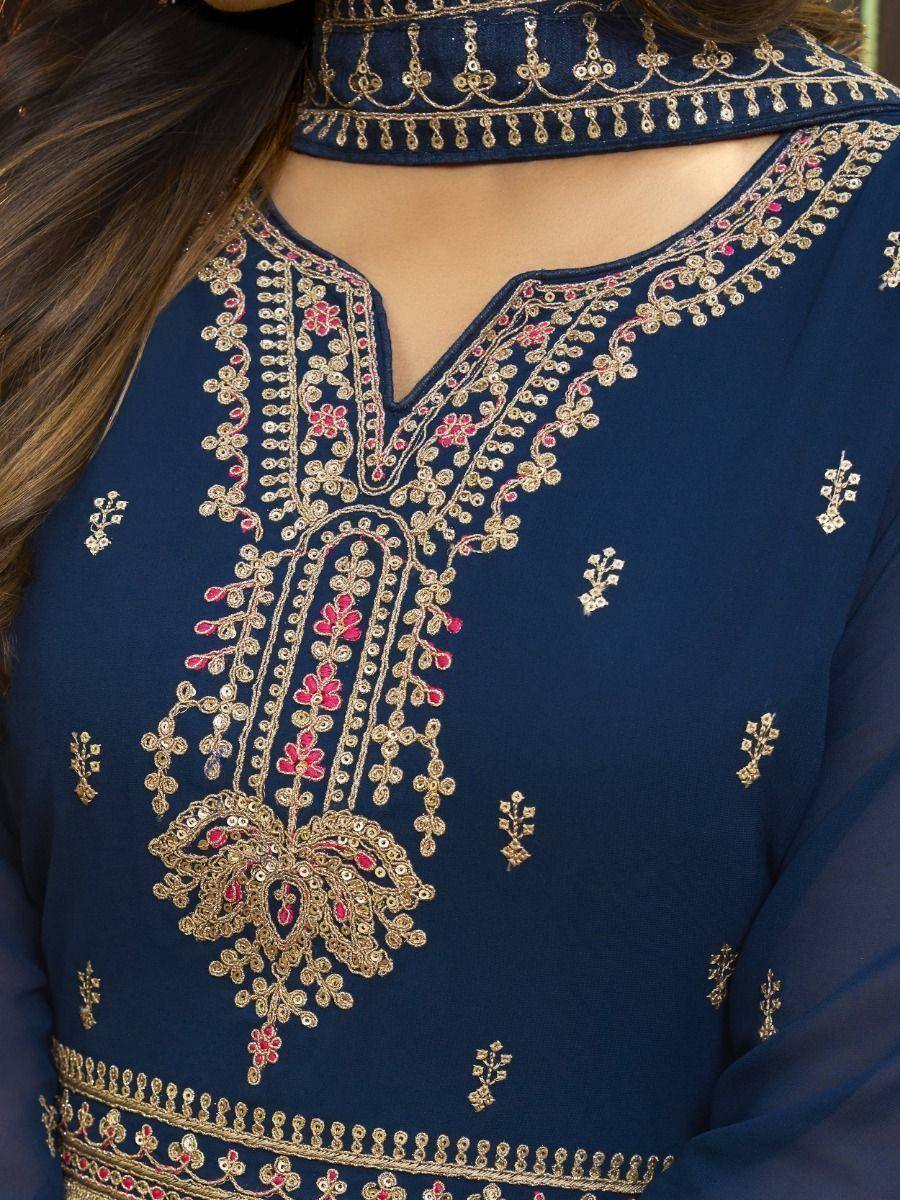 Navy blue ethnic kurti with gold and pink floral embroidery, perfect for Indian wear