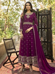 Woman in elegant purple embroidered ethnic gown with dupatta, outdoor setting, Ethnic Plus