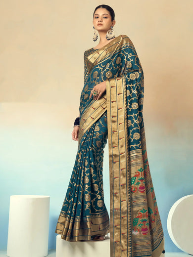 Incredible Teal Green Georgette Zari Weaving Festive Wear Saree With Blouse